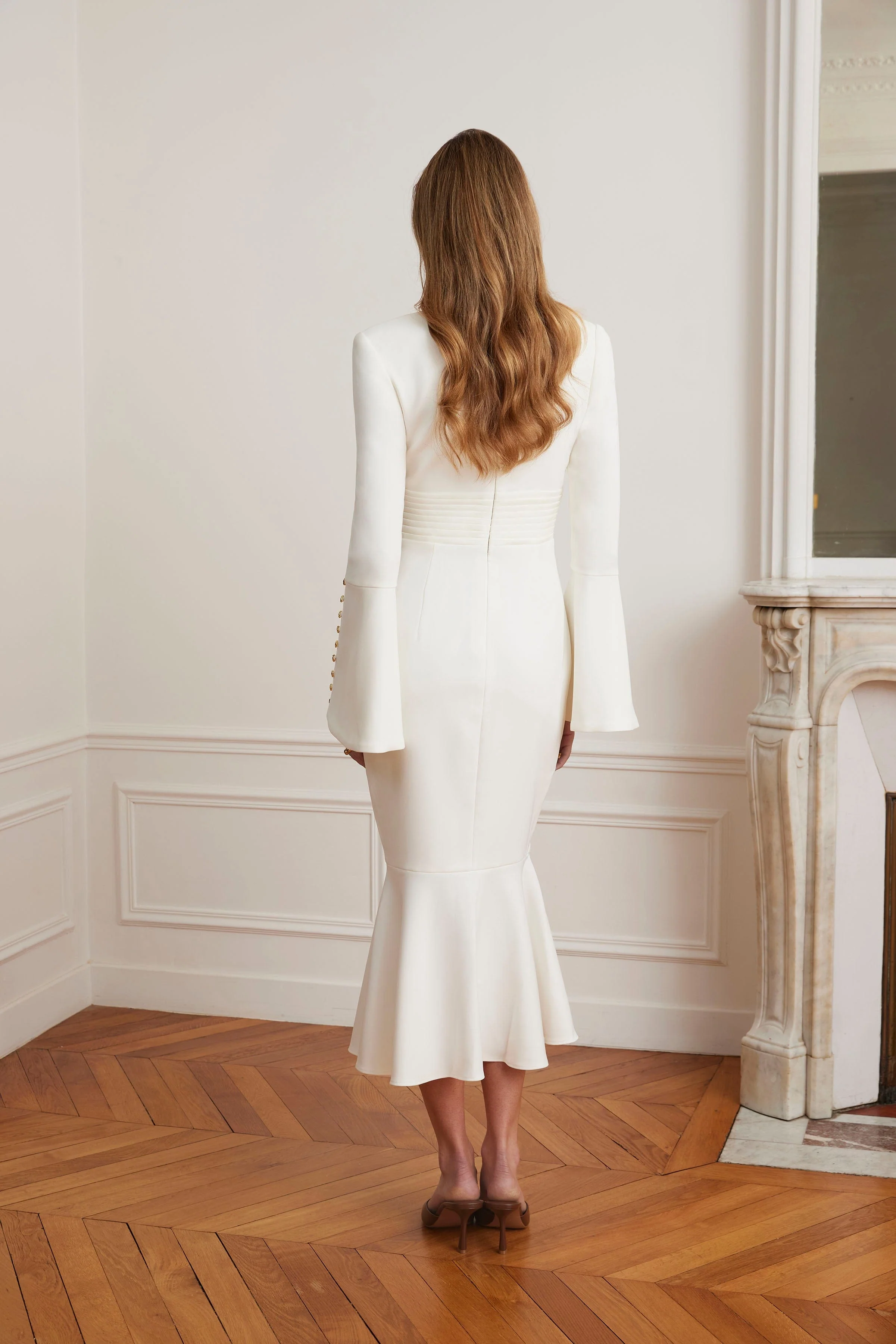 SALMA Fluted Sleeve Micro Gold Button Midi Dress in White - Image 5