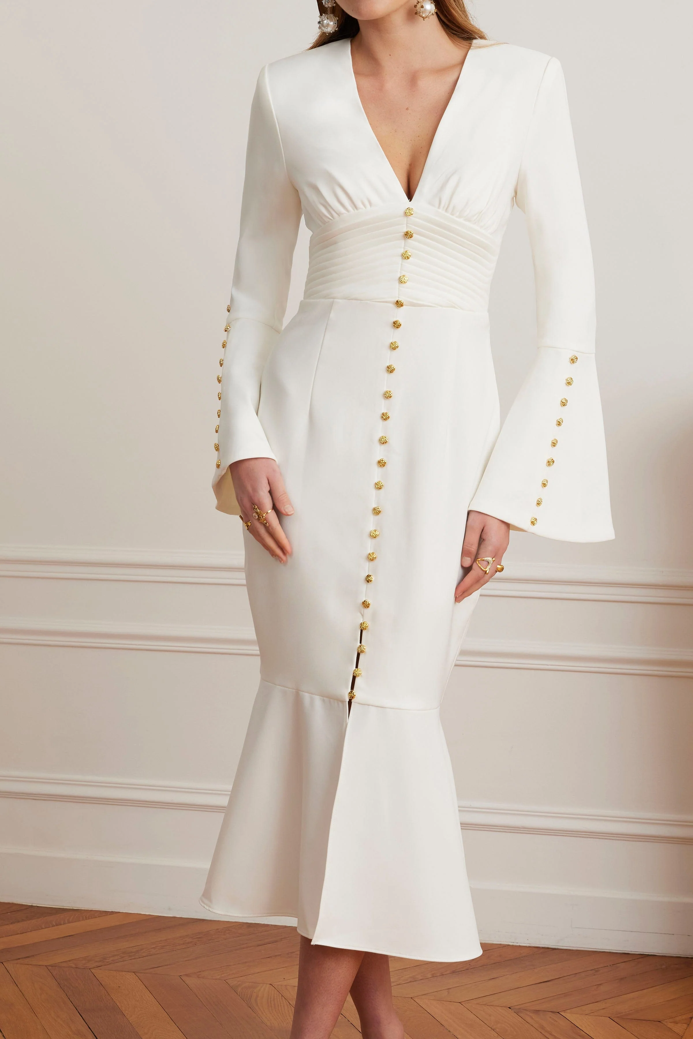 SALMA Fluted Sleeve Micro Gold Button Midi Dress in White - Image 6