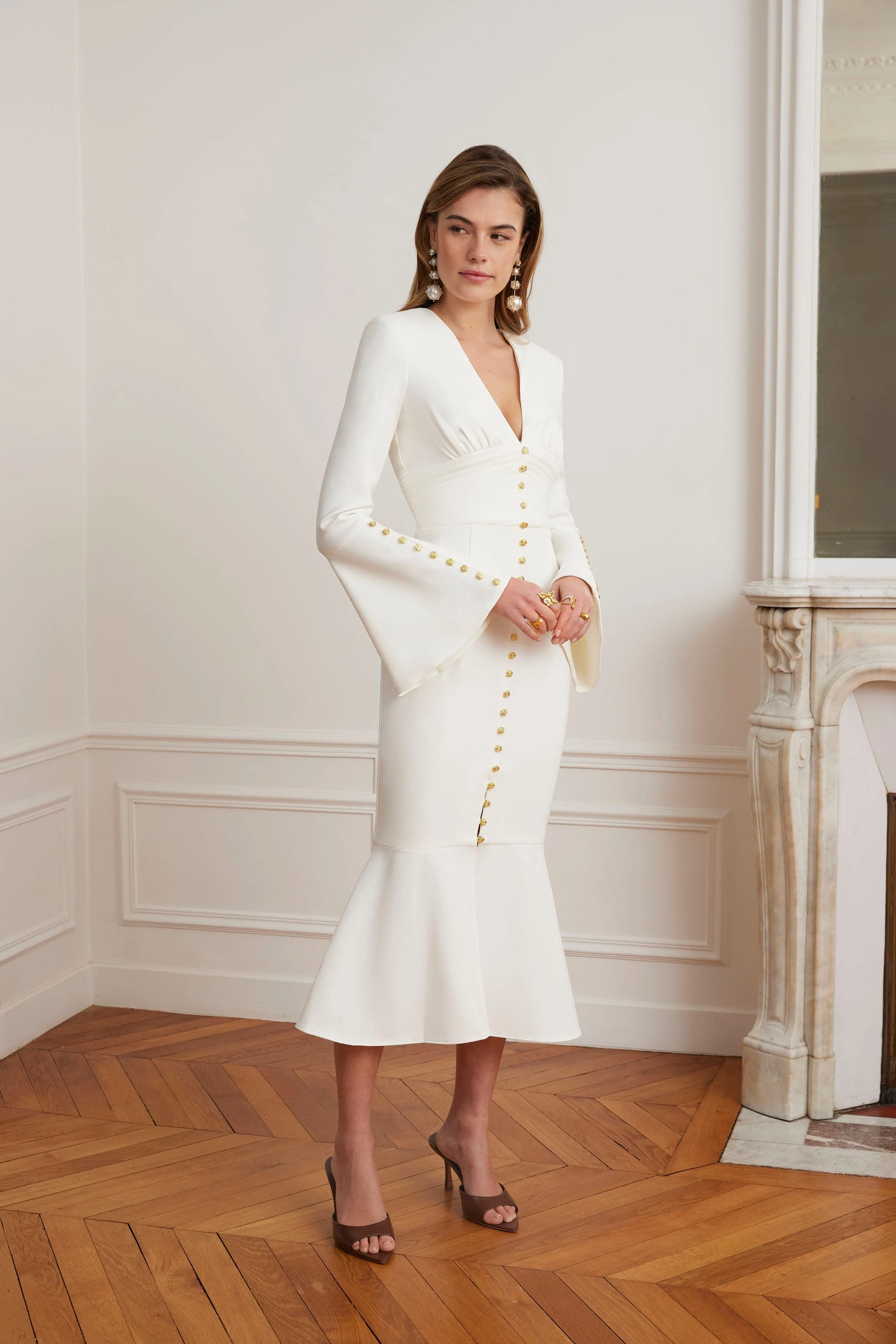 SALMA Fluted Sleeve Micro Gold Button Midi Dress in White - Image 7