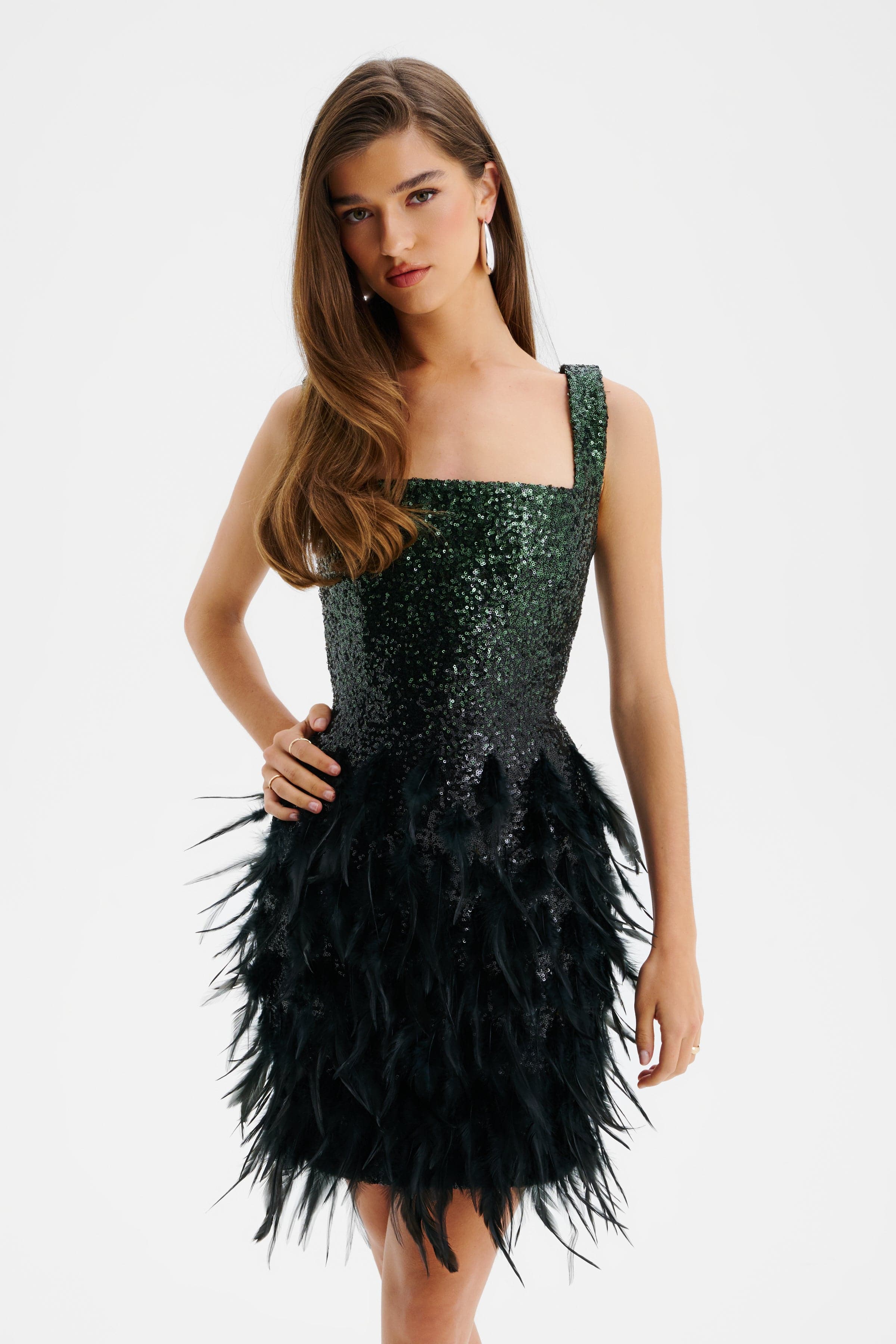 SERAPHINA Ombre Sequin Mini Dress With Feathers In Emerald Green & Black - Image 3