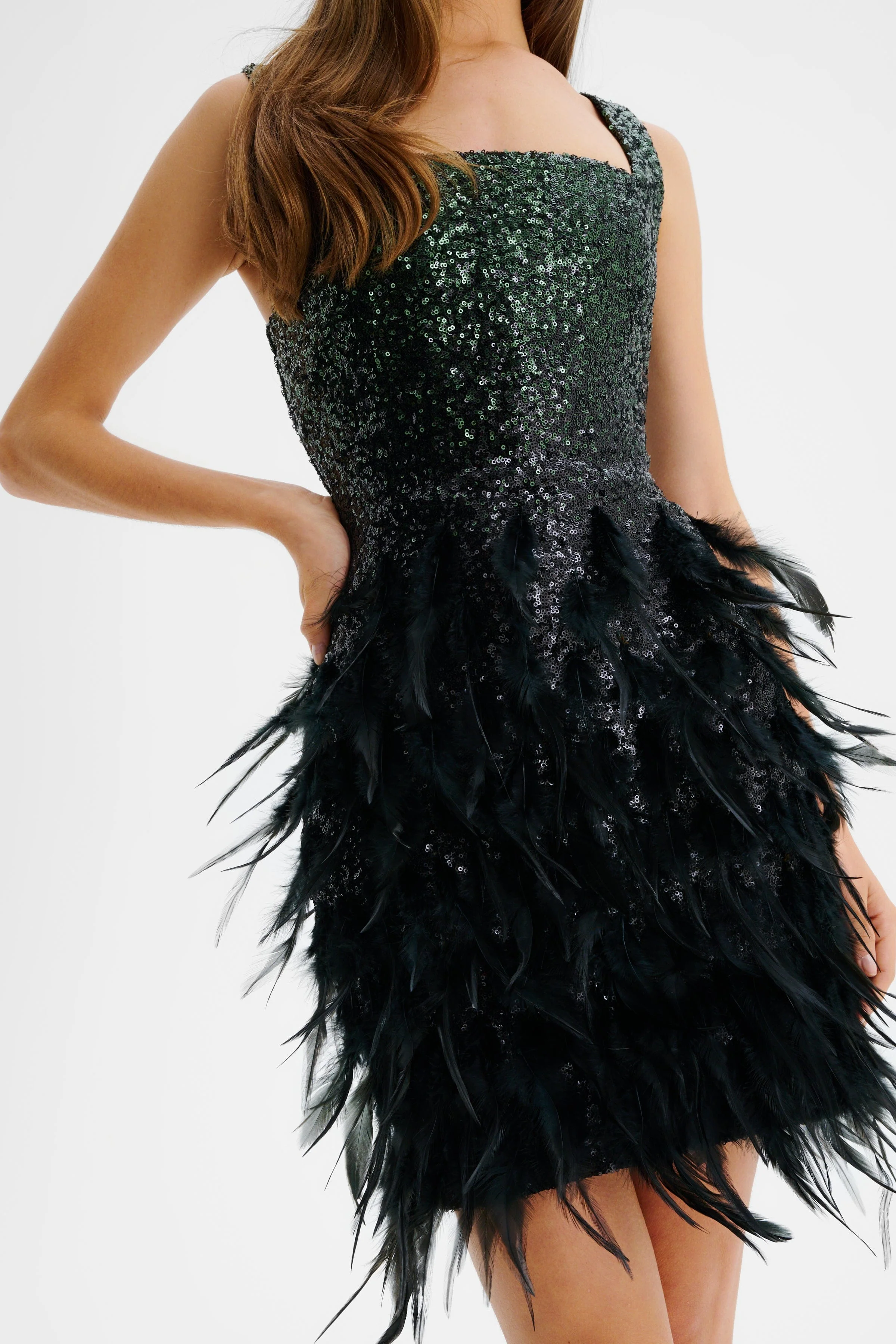 SERAPHINA Ombre Sequin Mini Dress With Feathers In Emerald Green & Black - Image 4