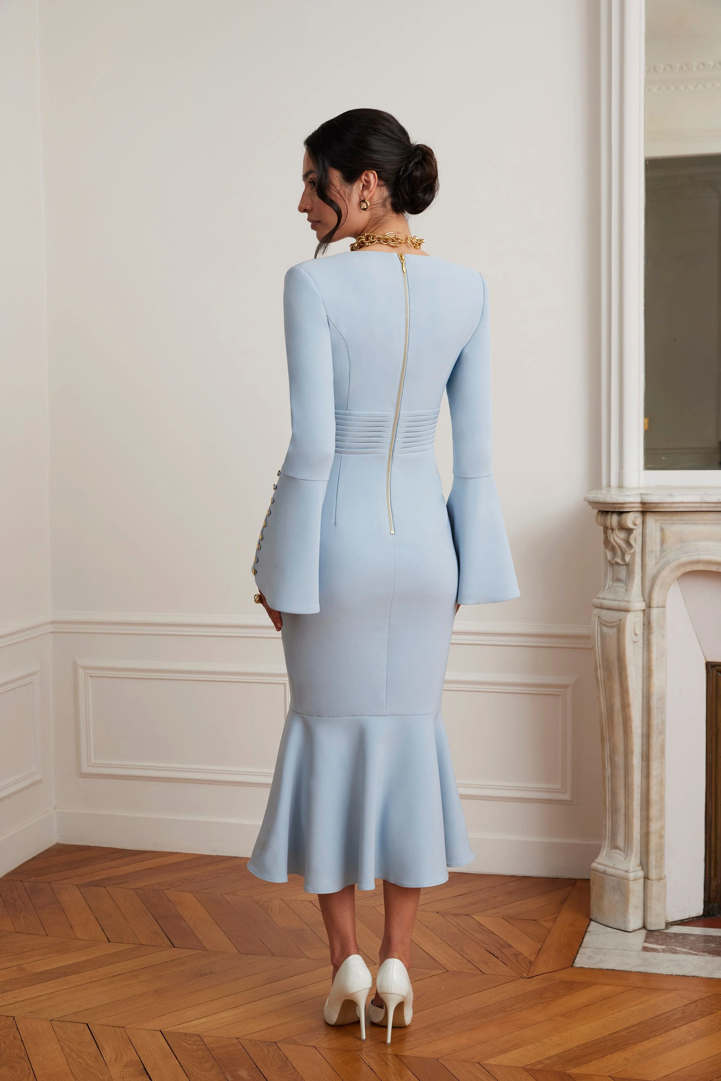 SERENA Fluted Sleeve Micro Shell Button Midi Dress in Light Blue - Image 3