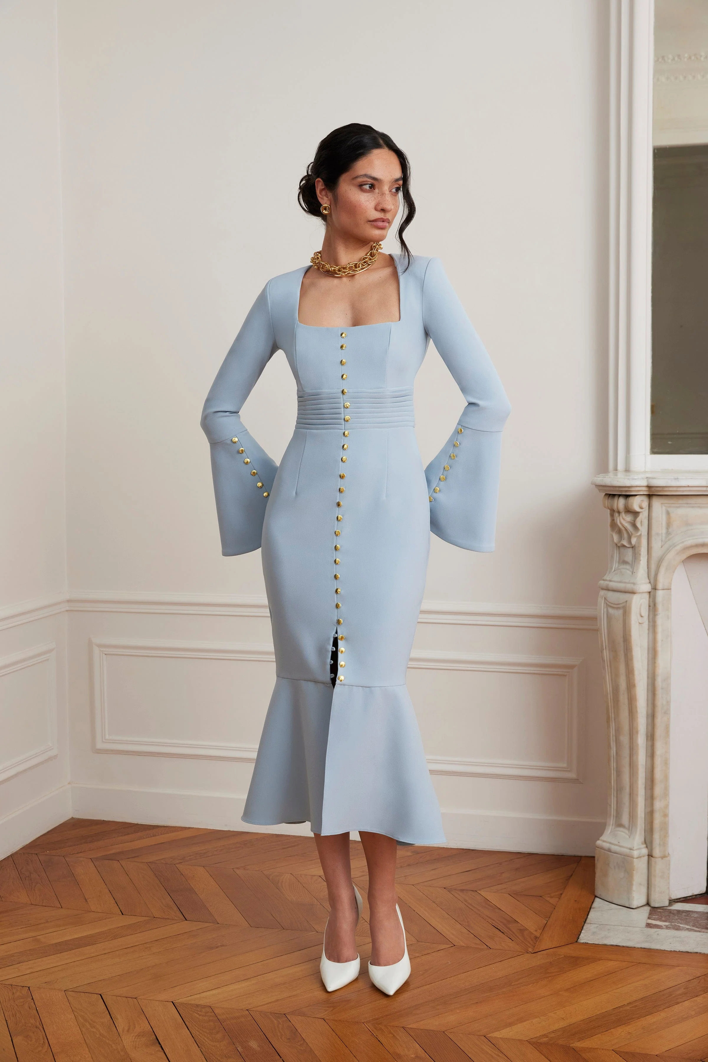 SERENA Fluted Sleeve Micro Shell Button Midi Dress in Light Blue - Image 4