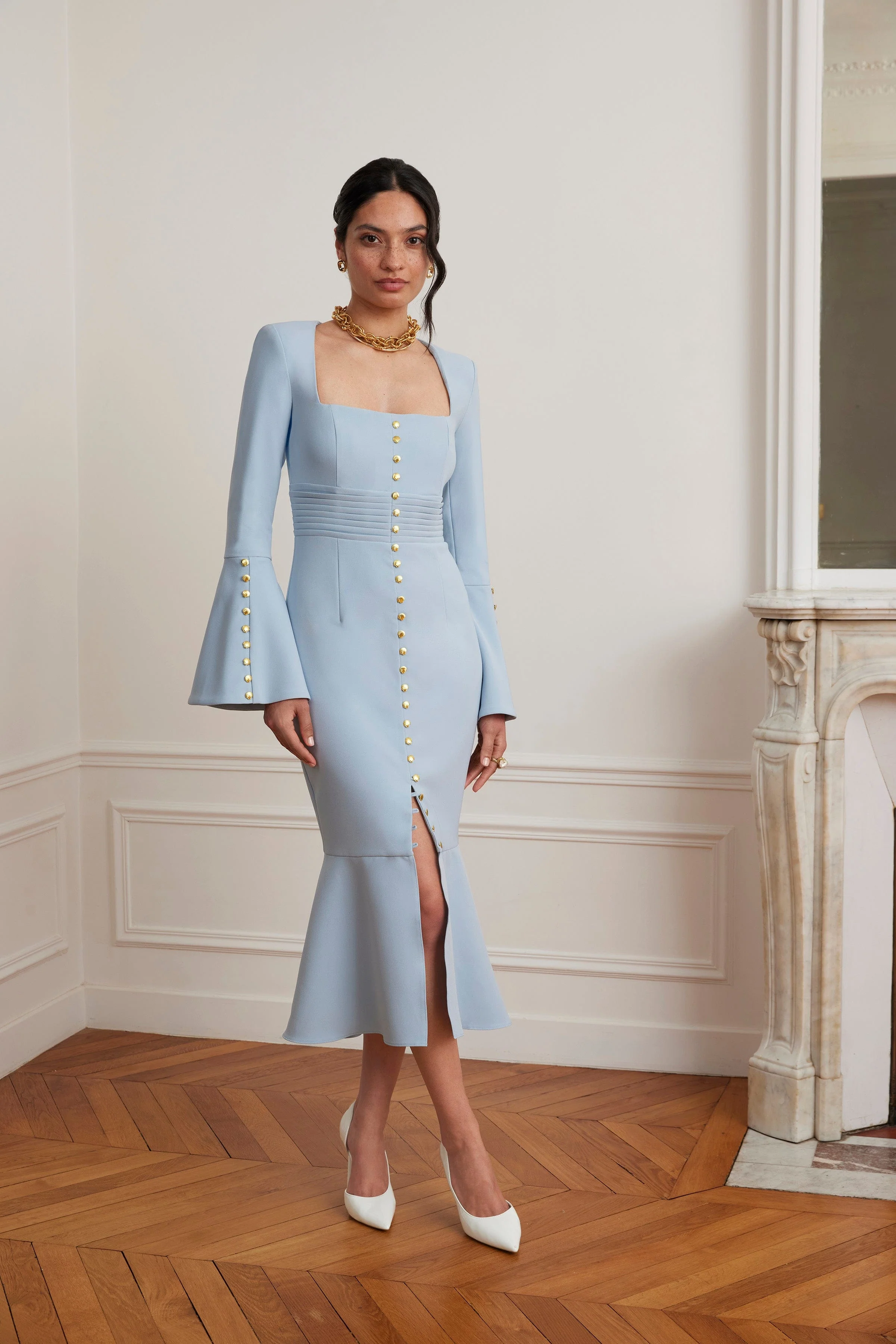 SERENA Fluted Sleeve Micro Shell Button Midi Dress in Light Blue - Image 5