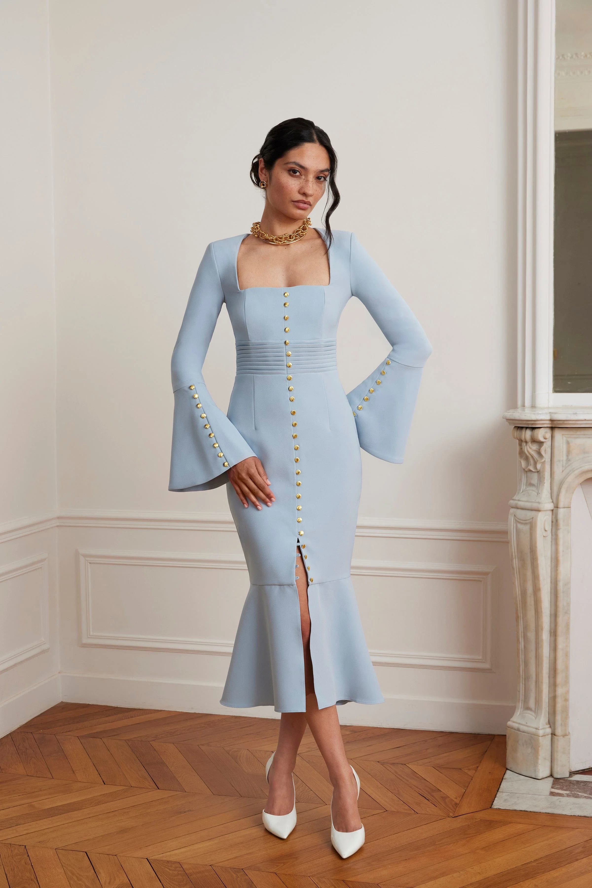 SERENA Fluted Sleeve Micro Shell Button Midi Dress in Light Blue - Image 6