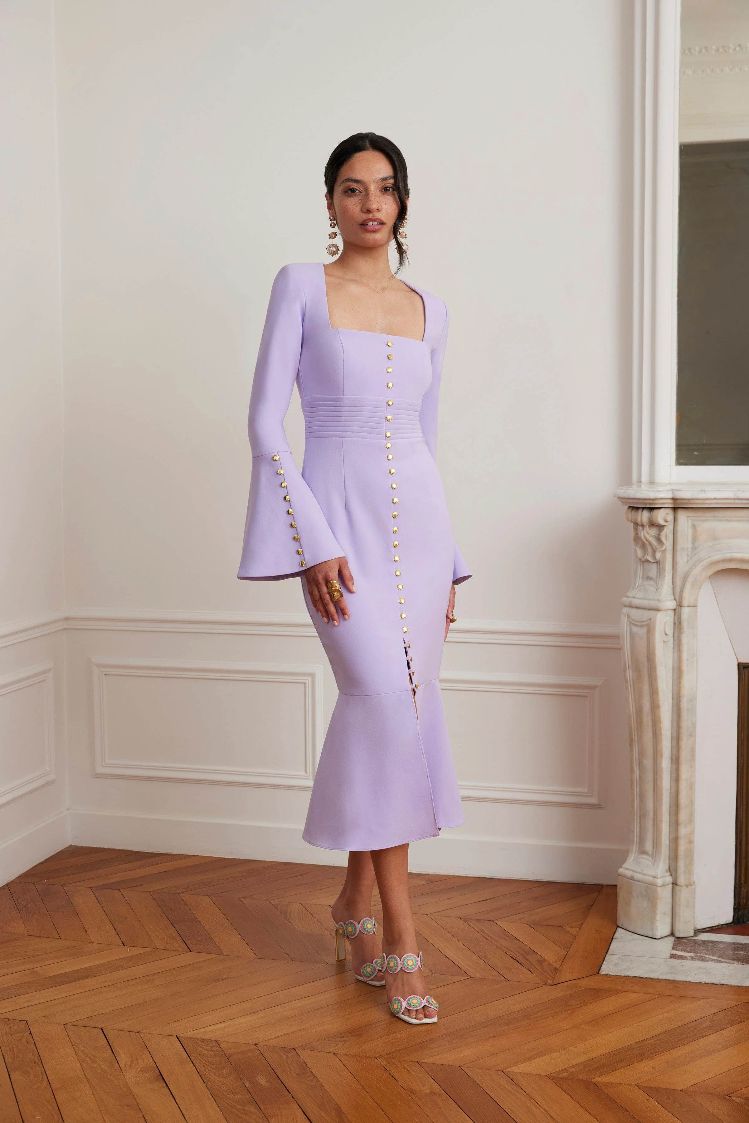 SERENA Fluted Sleeve Micro Shell Button Midi Dress in Purple - Image 4