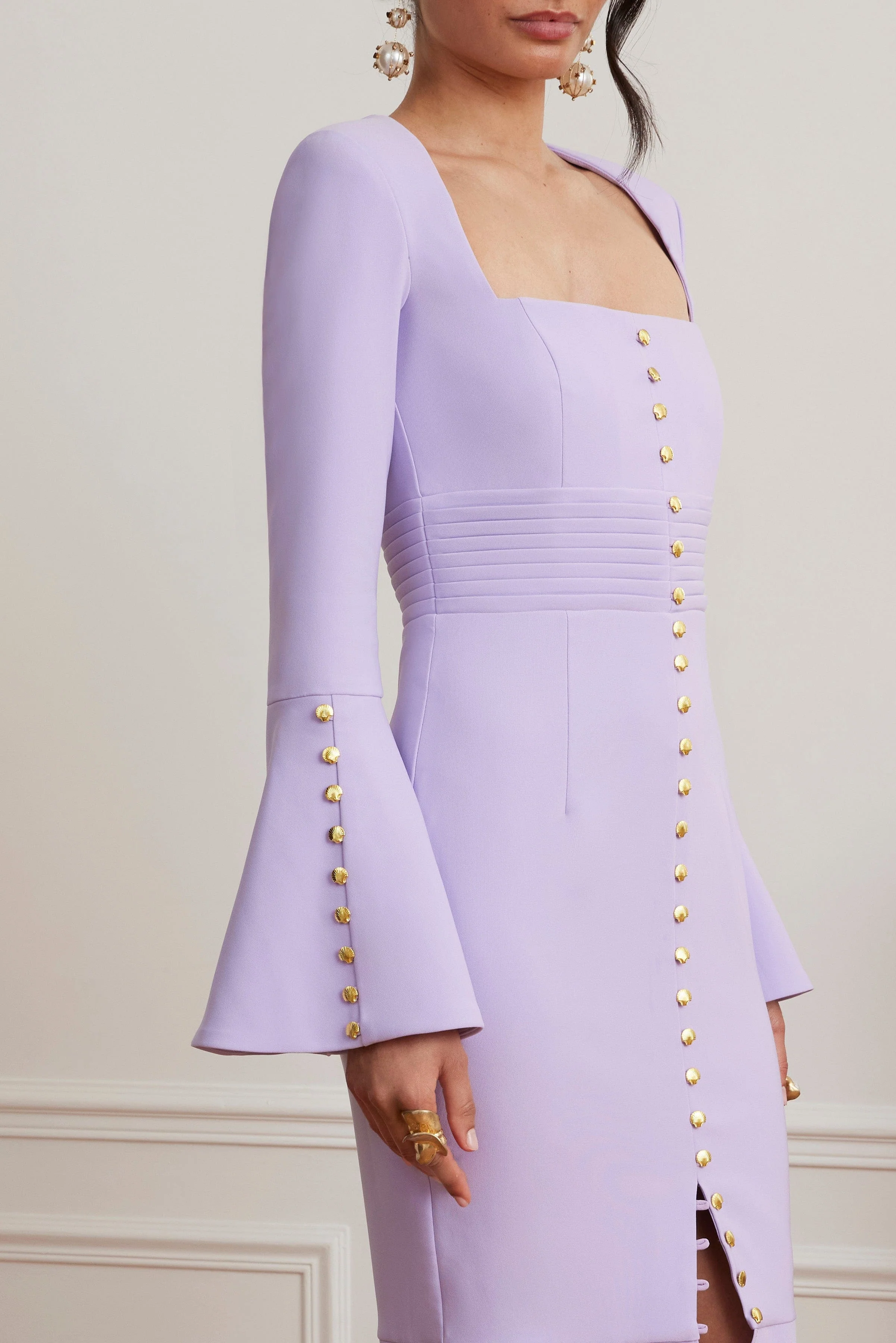 SERENA Fluted Sleeve Micro Shell Button Midi Dress in Purple - Image 5