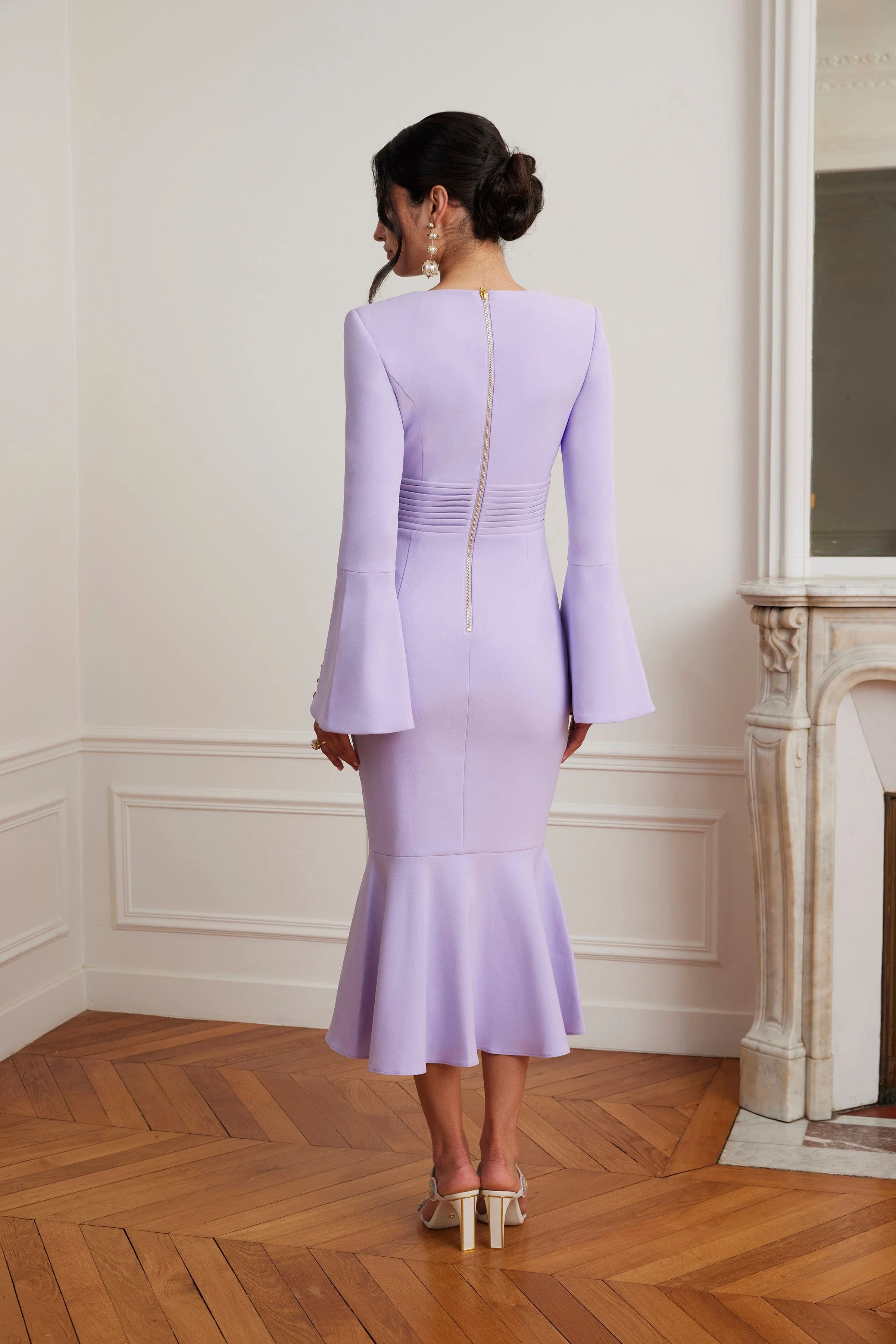 SERENA Fluted Sleeve Micro Shell Button Midi Dress in Purple - Image 6