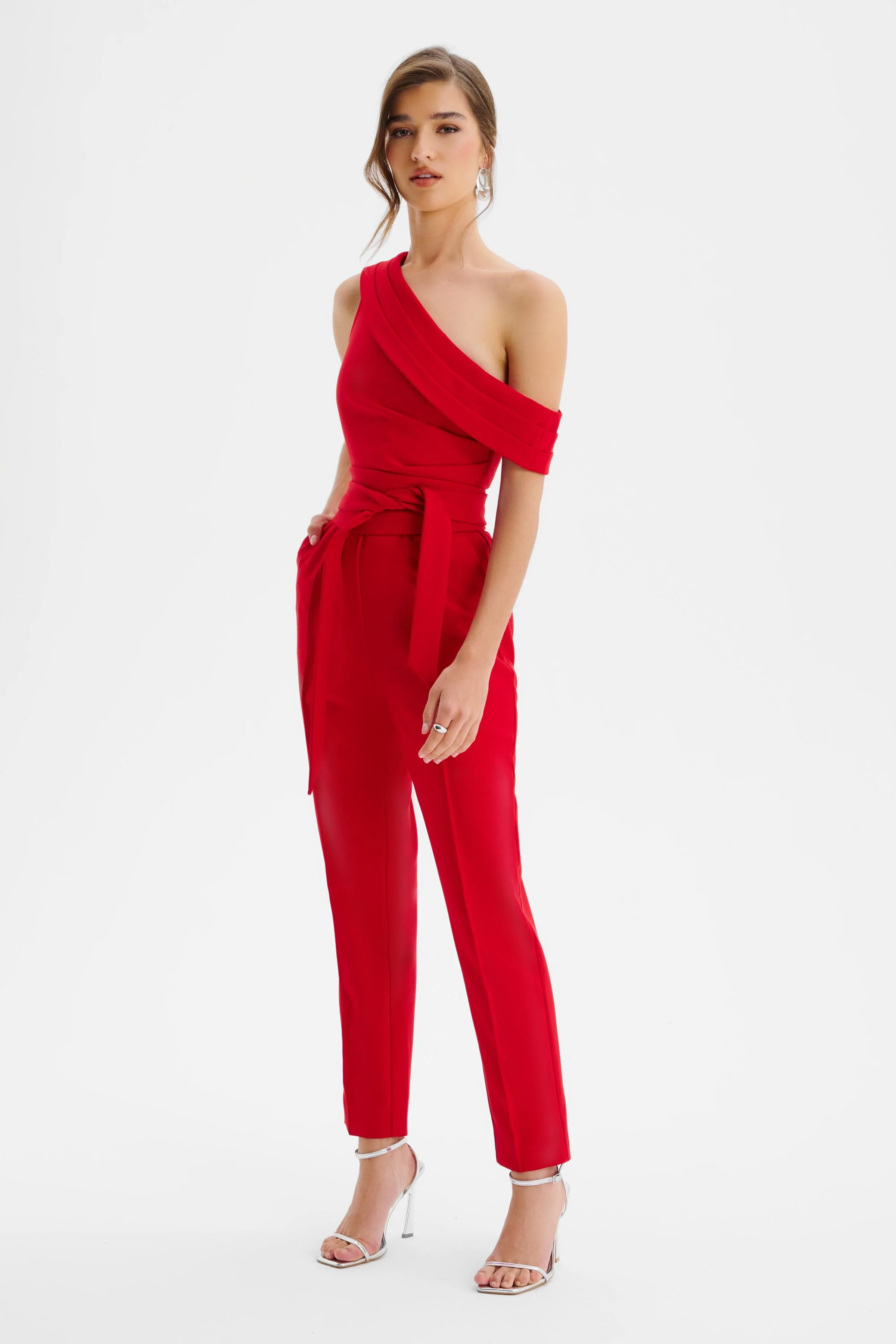 SOFIE Off Shoulder Pleated Obi Belted Jumpsuit in Red - Image 3
