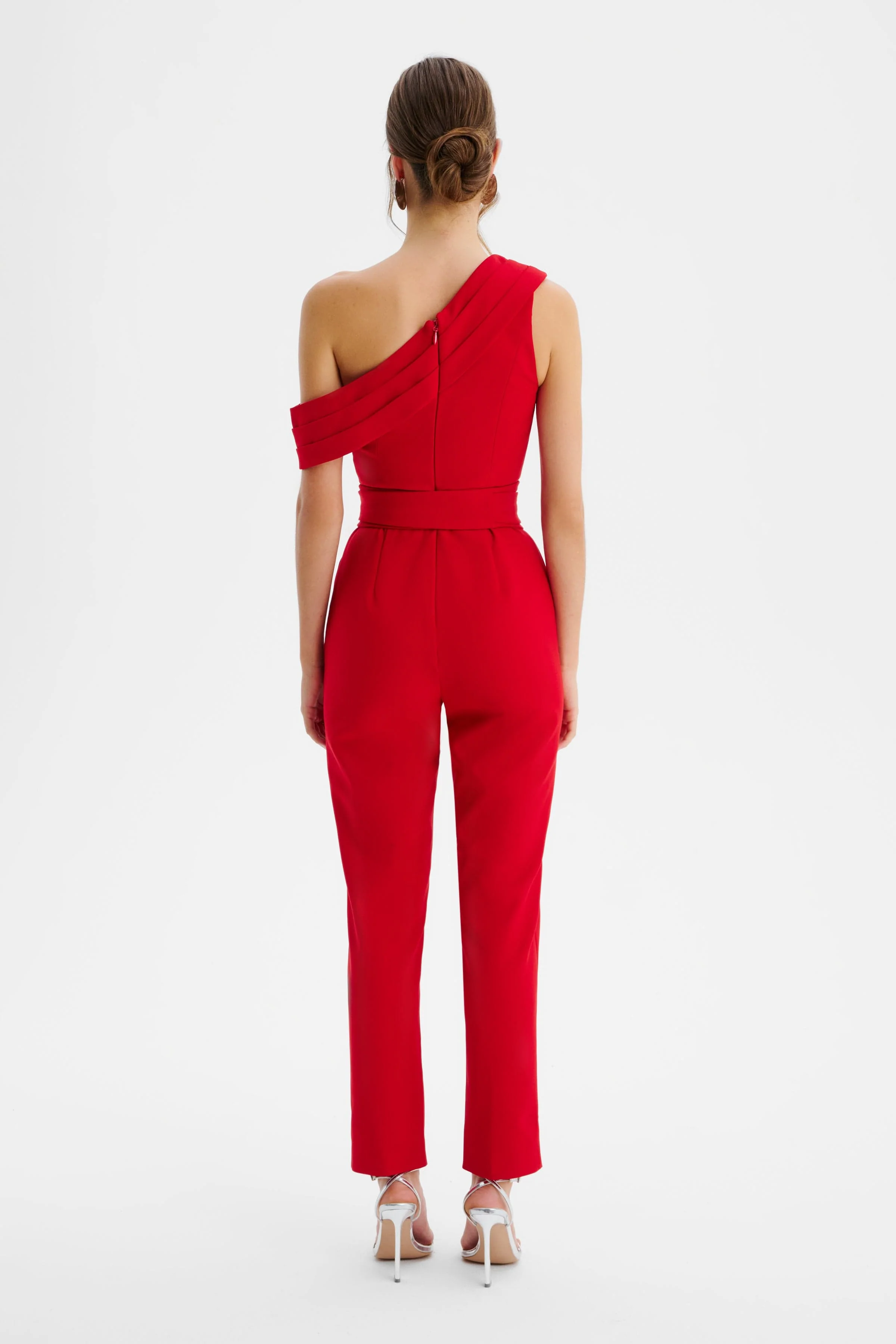 SOFIE Off Shoulder Pleated Obi Belted Jumpsuit in Red - Image 4