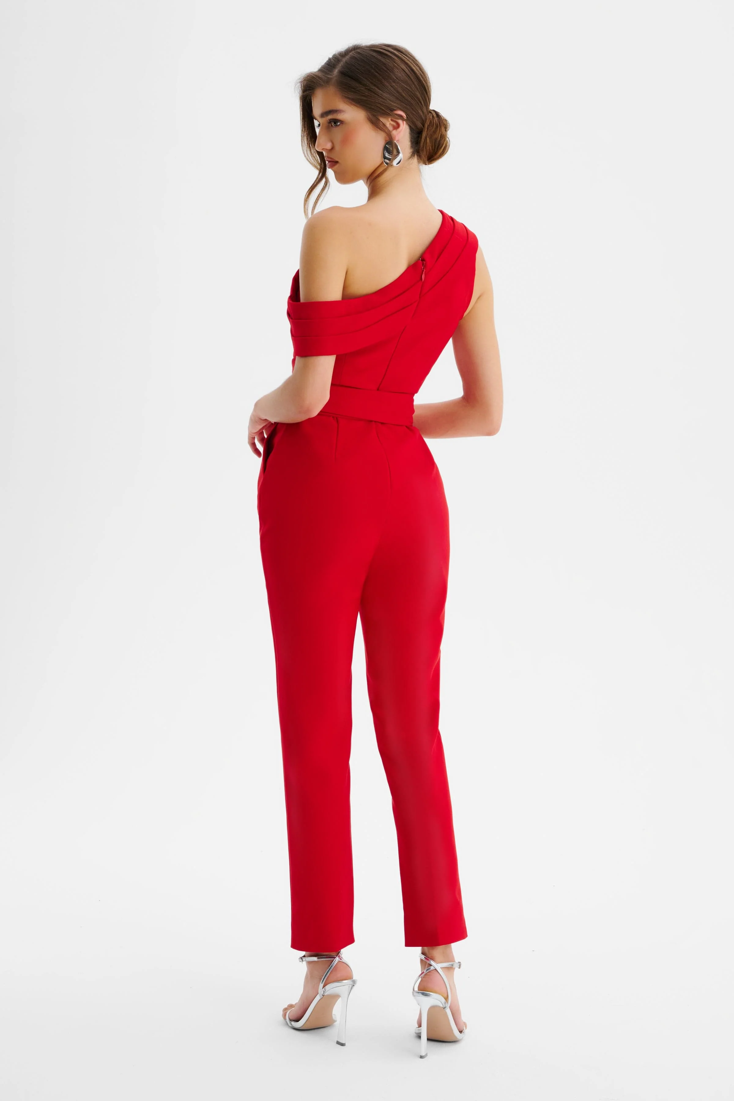 SOFIE Off Shoulder Pleated Obi Belted Jumpsuit in Red - Image 5