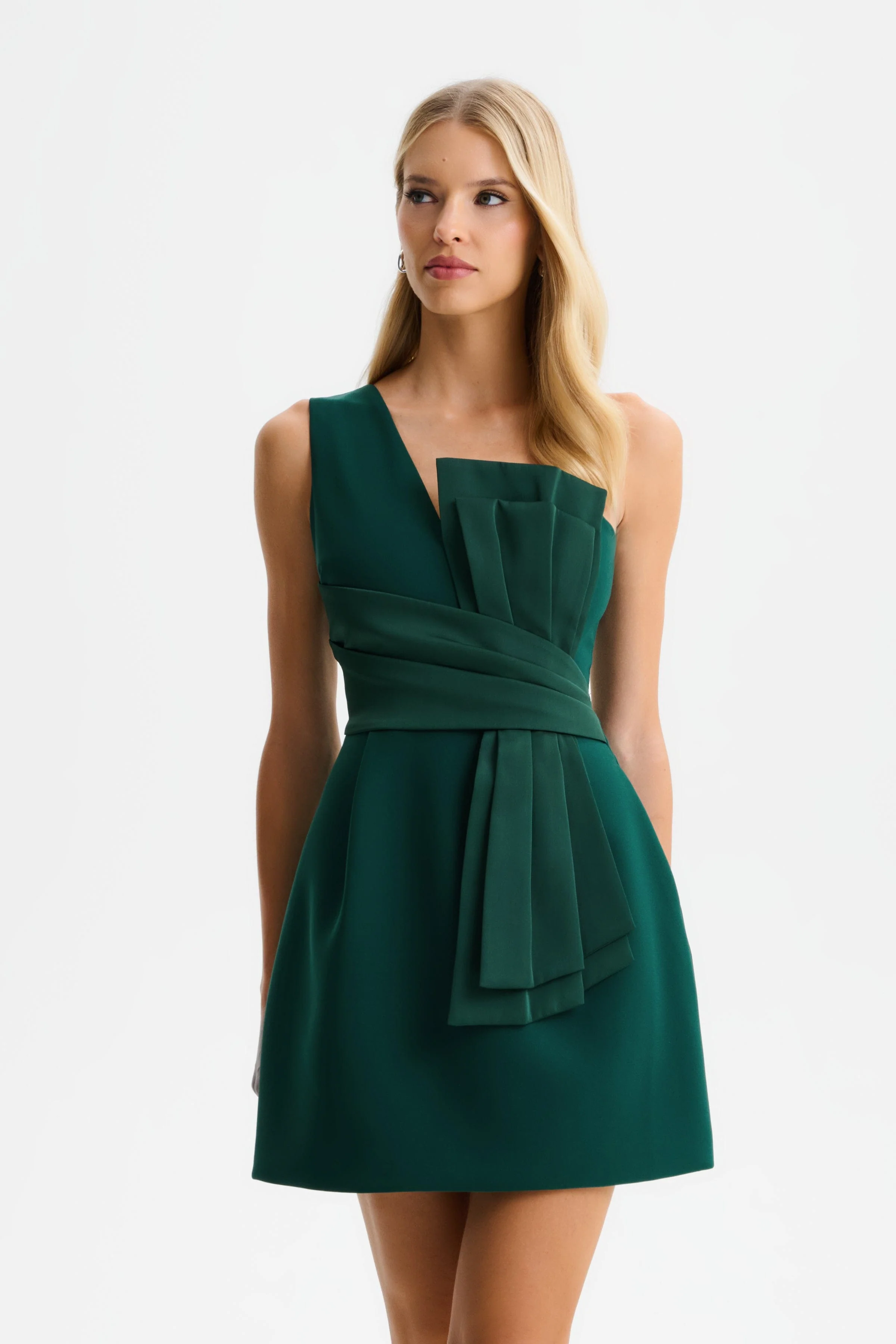 SOPHIA Asymmetric Bow Mini Dress with Tulip Skirt in Emerald Green - Image 3