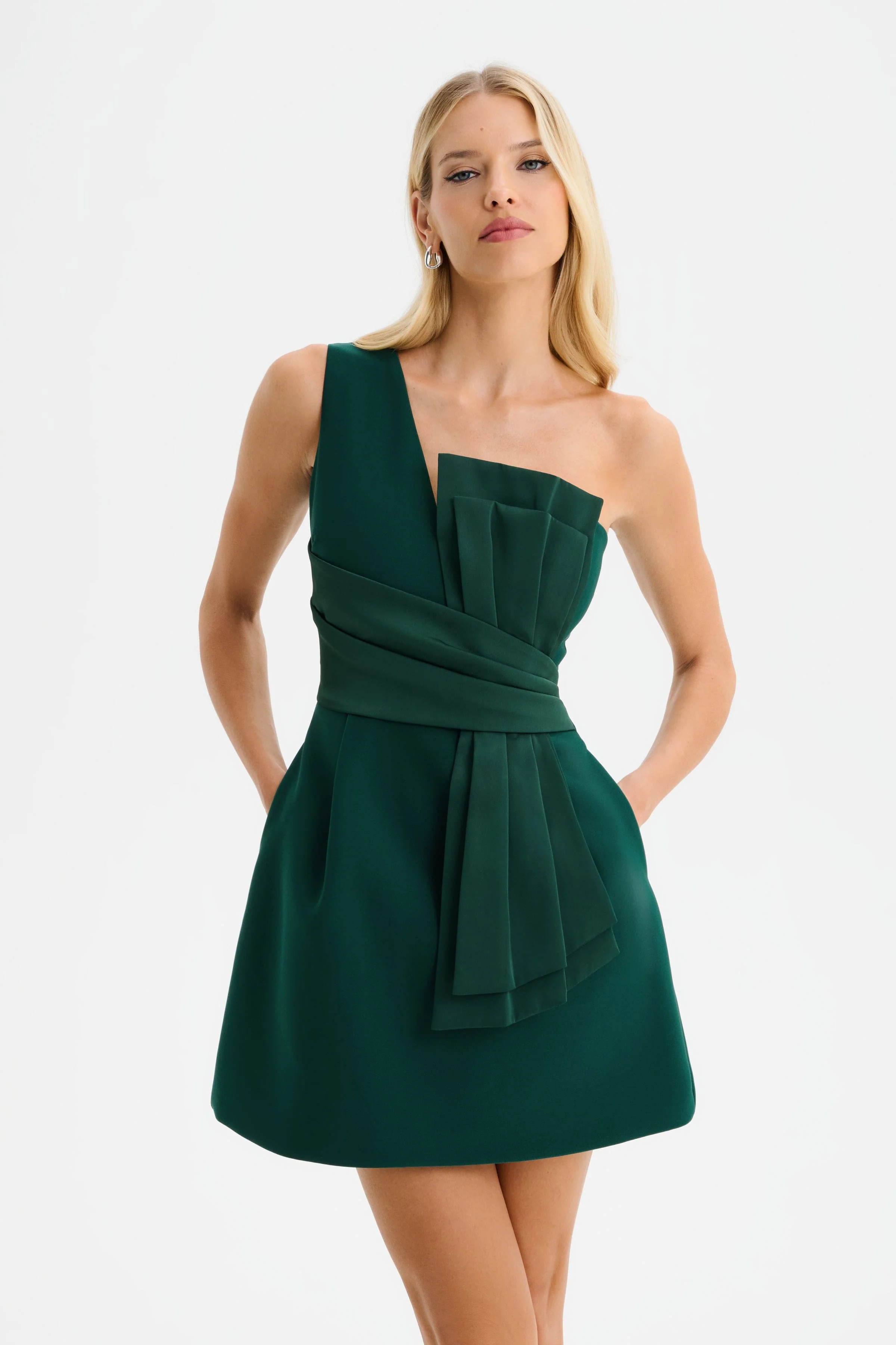 SOPHIA Asymmetric Bow Mini Dress with Tulip Skirt in Emerald Green - Image 4