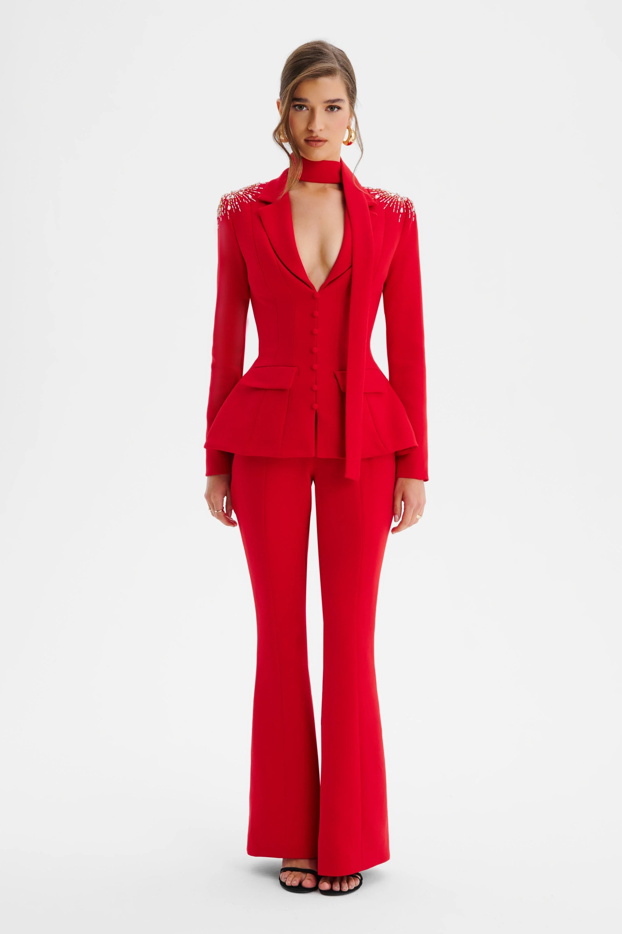 THALIA Shoulder Hand Embellished Sculptured Blazer Jumpsuit In Red