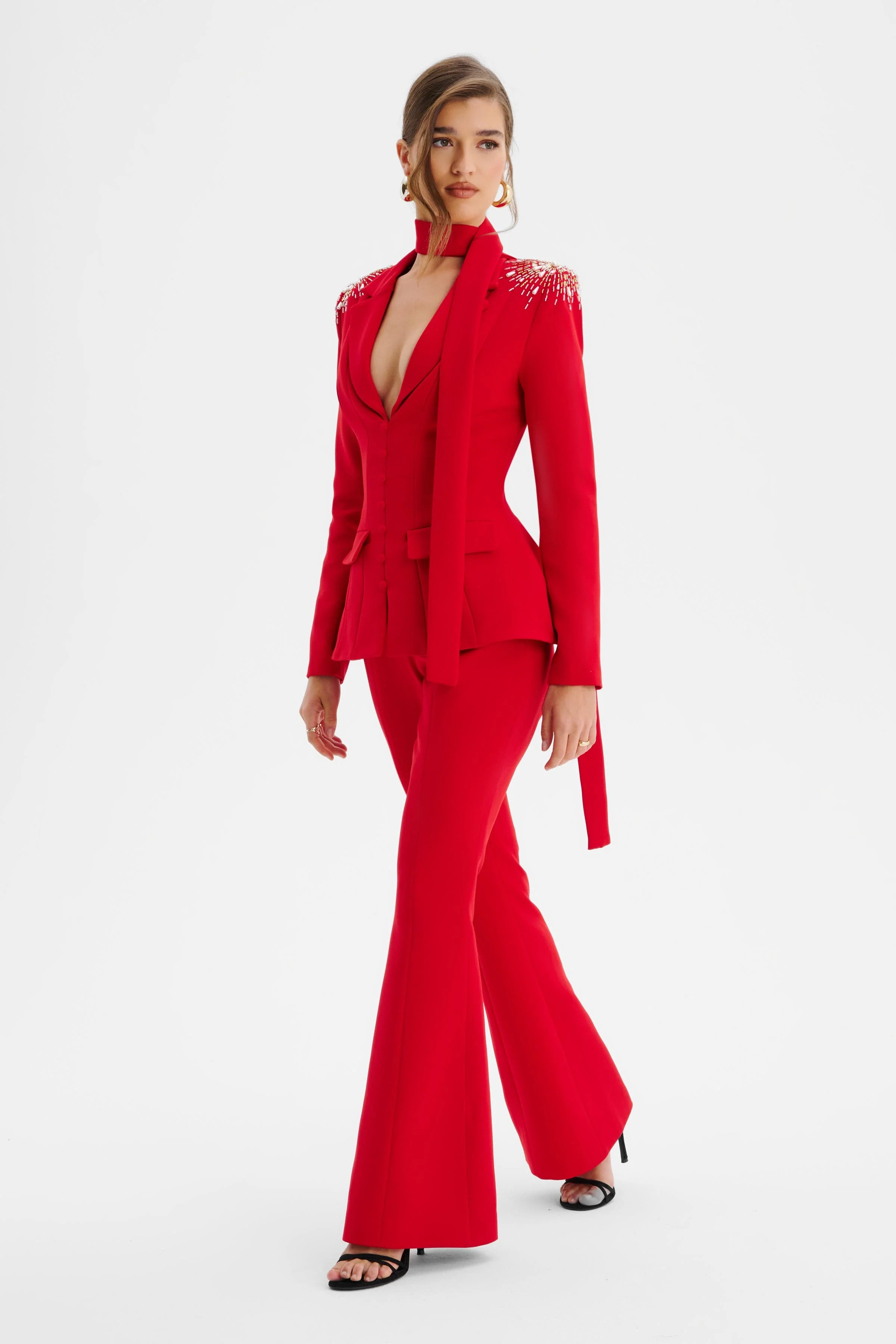 THALIA Shoulder Hand Embellished Sculptured Blazer Jumpsuit In Red - Image 2