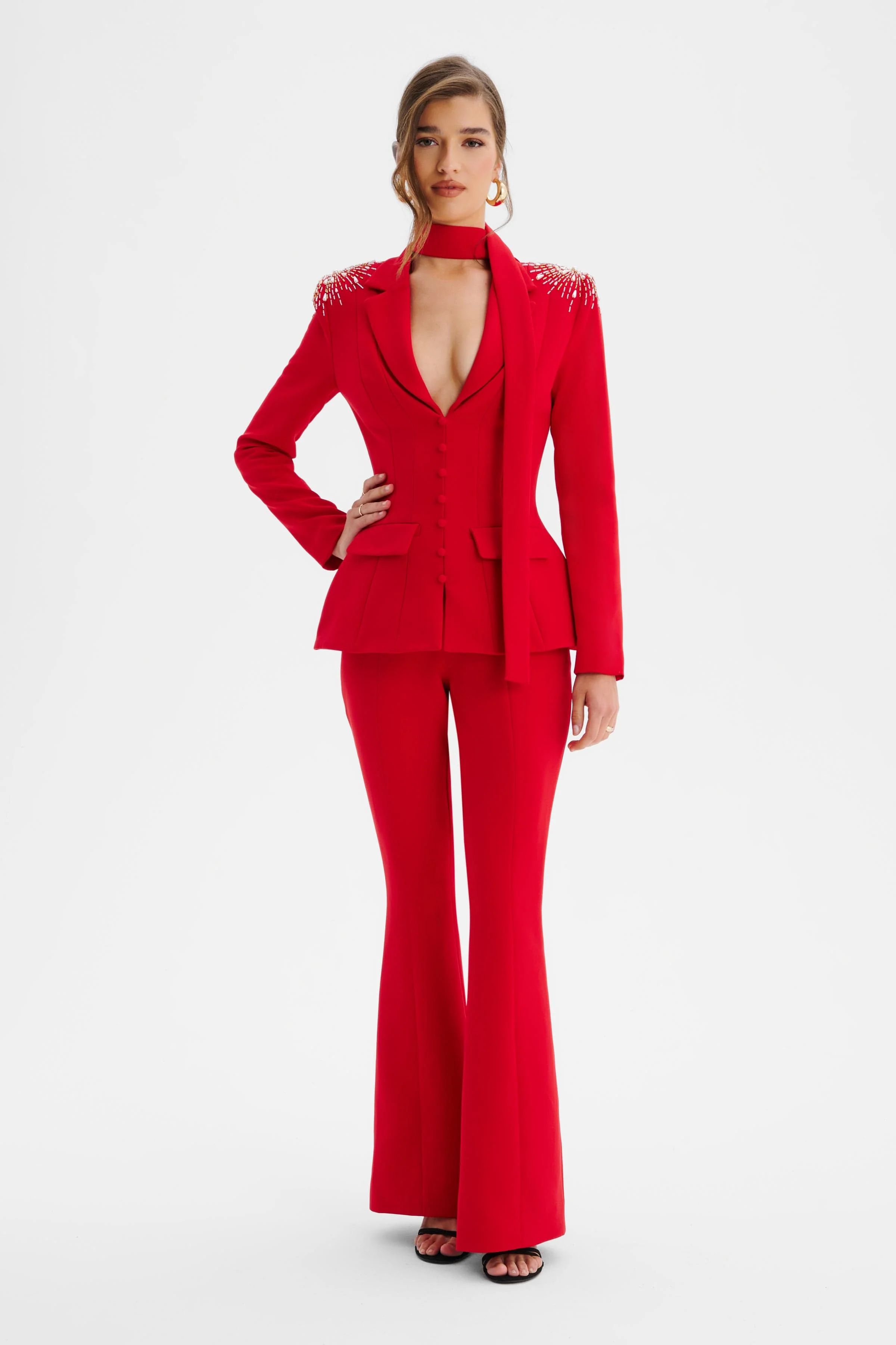 THALIA Shoulder Hand Embellished Sculptured Blazer Jumpsuit In Red - Image 3