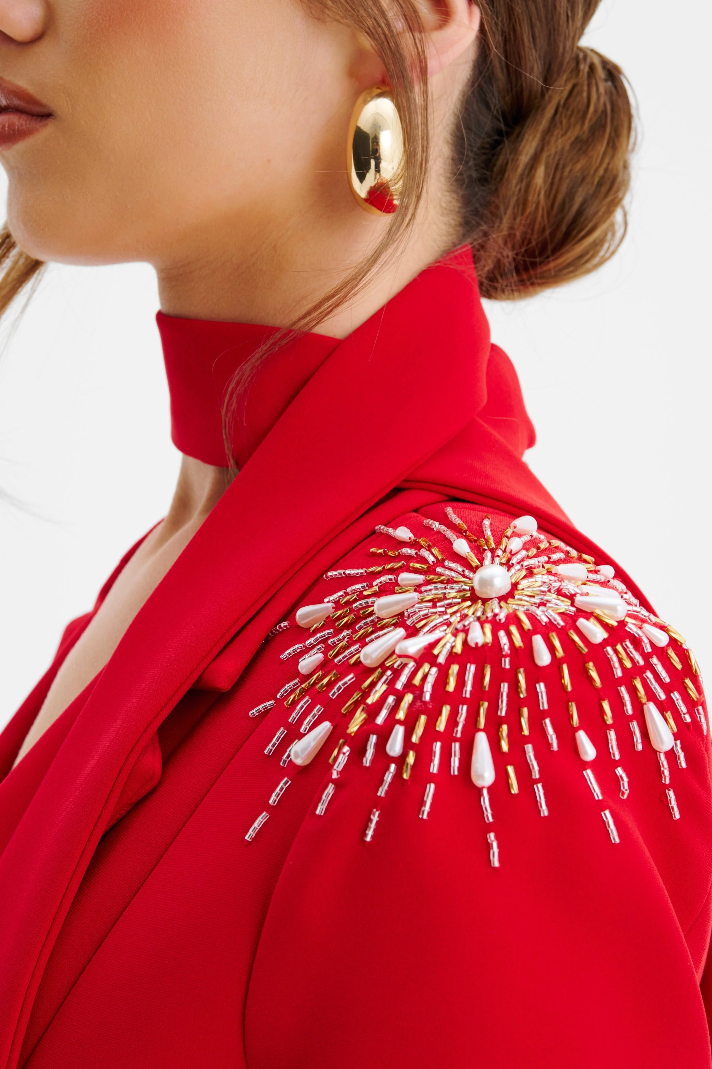 THALIA Shoulder Hand Embellished Sculptured Blazer Jumpsuit In Red - Image 5