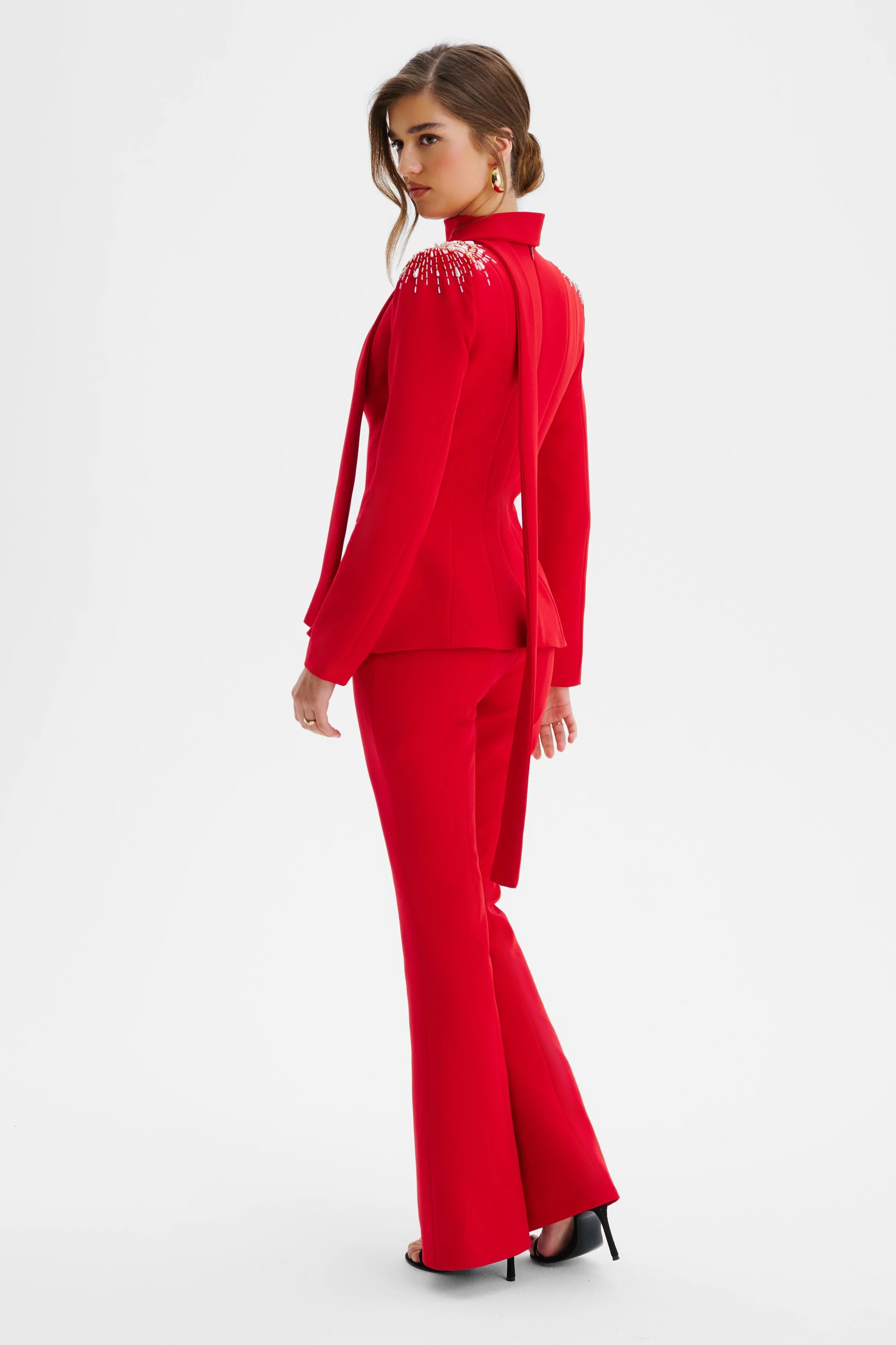 THALIA Shoulder Hand Embellished Sculptured Blazer Jumpsuit In Red - Image 6