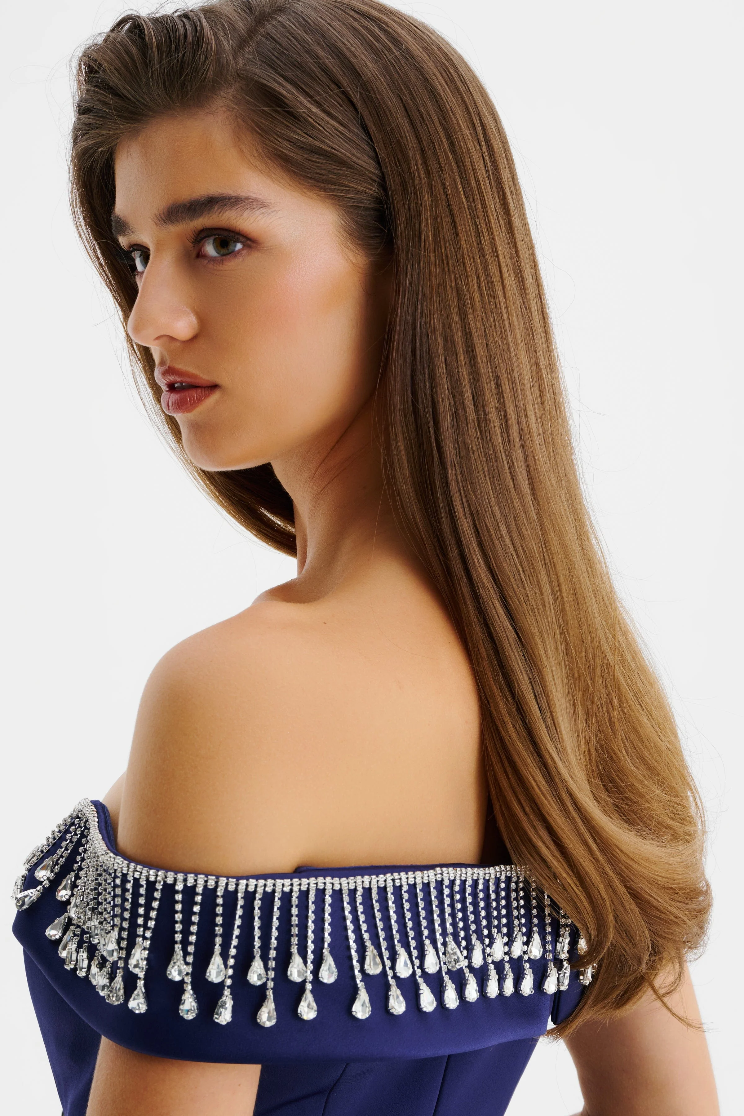 THEA Satin Off Shoulder Mini Dress With Diamante Fringe In Midnight Blue - Image 4