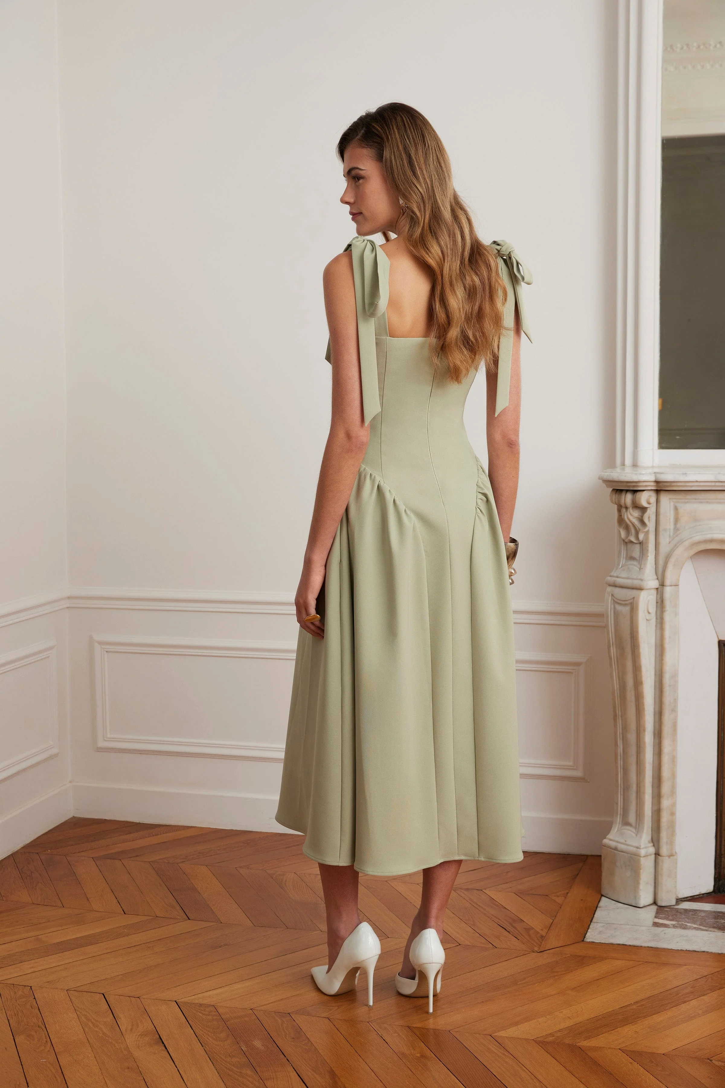 BLOSSOM Tie Shoulder Corset Midi Dress In Sage Green - Image 3