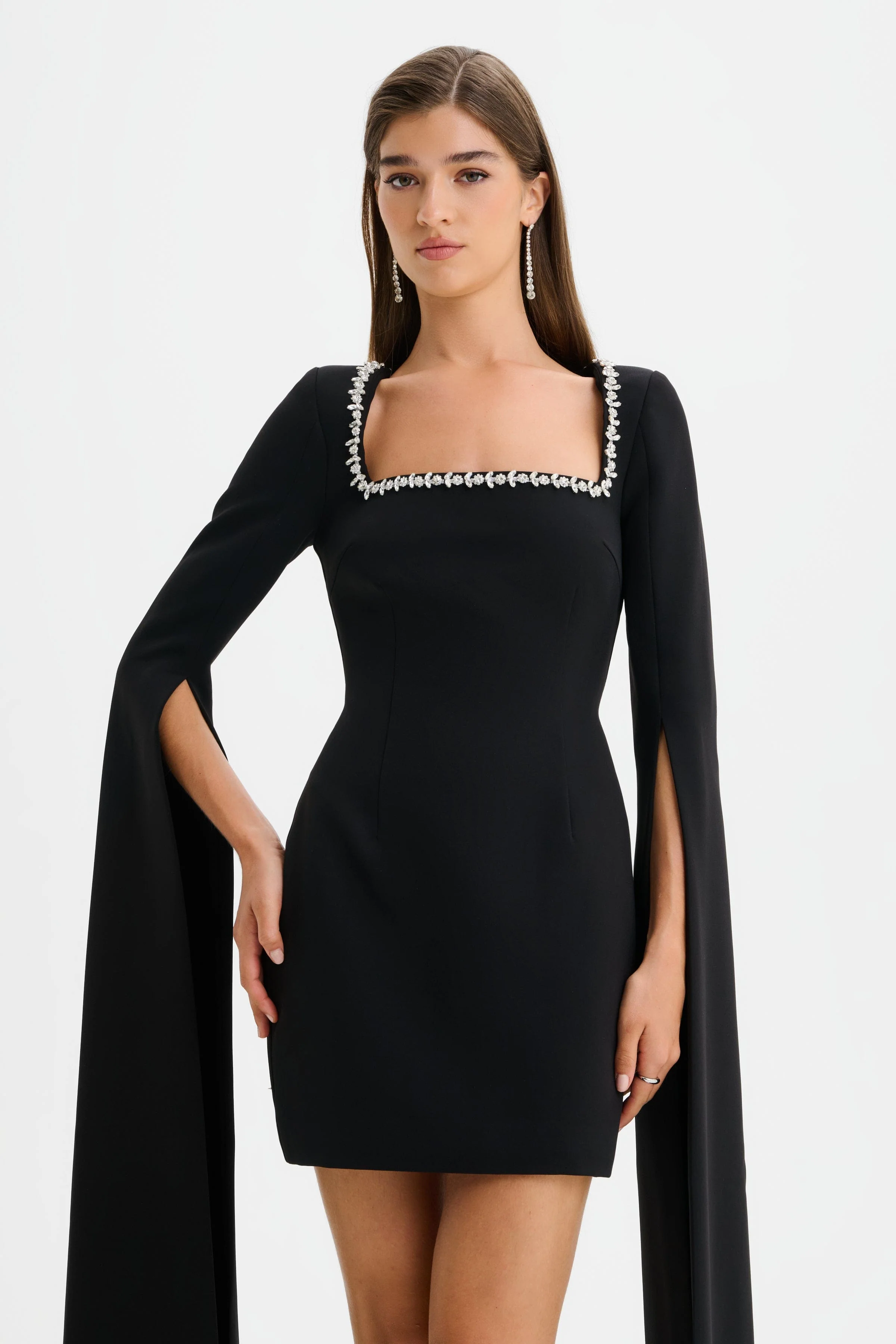 TILLY Square Neck Embellished Cape Sleeve Mini Dress in Black - Image 3