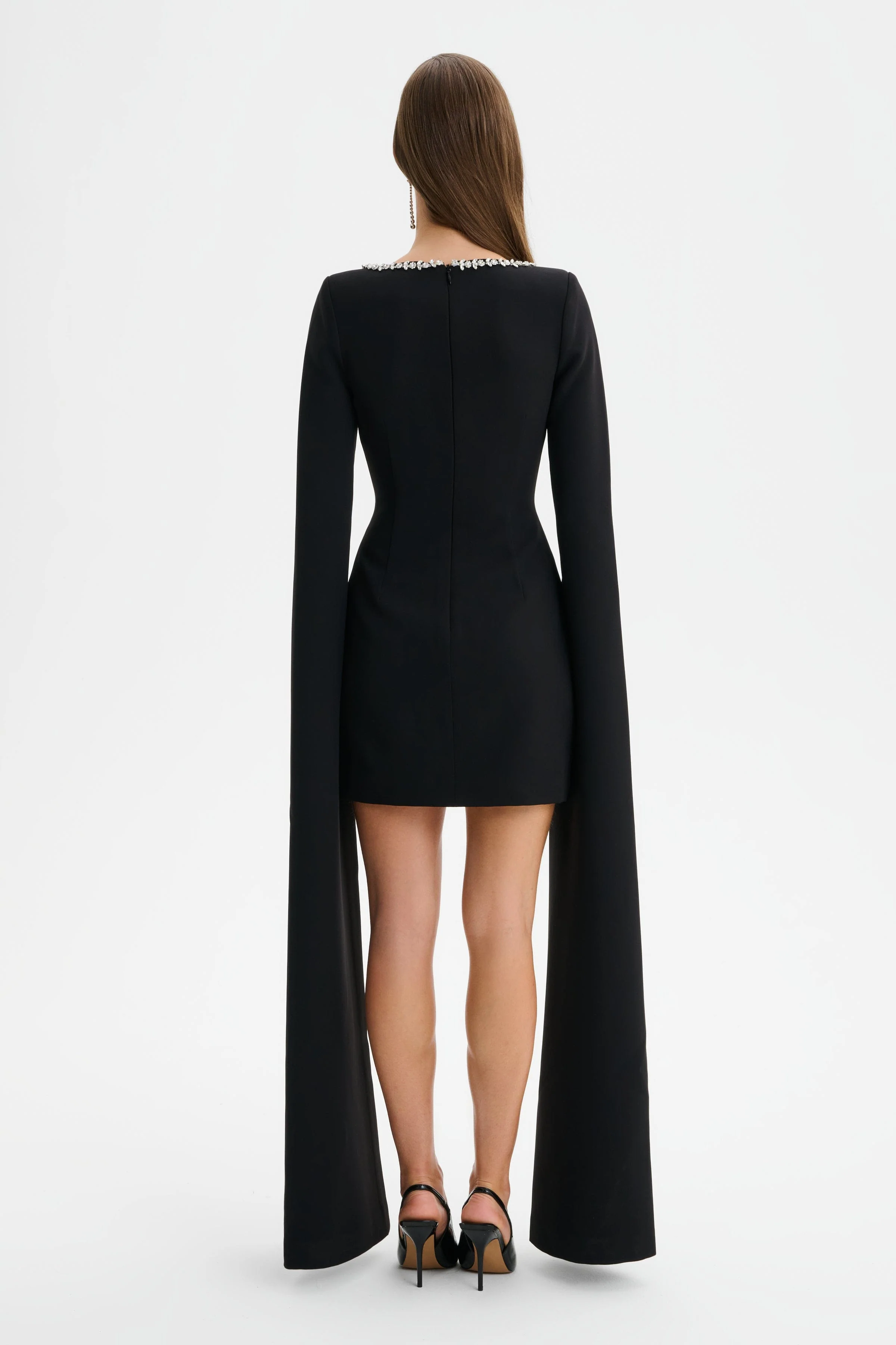 TILLY Square Neck Embellished Cape Sleeve Mini Dress in Black - Image 5