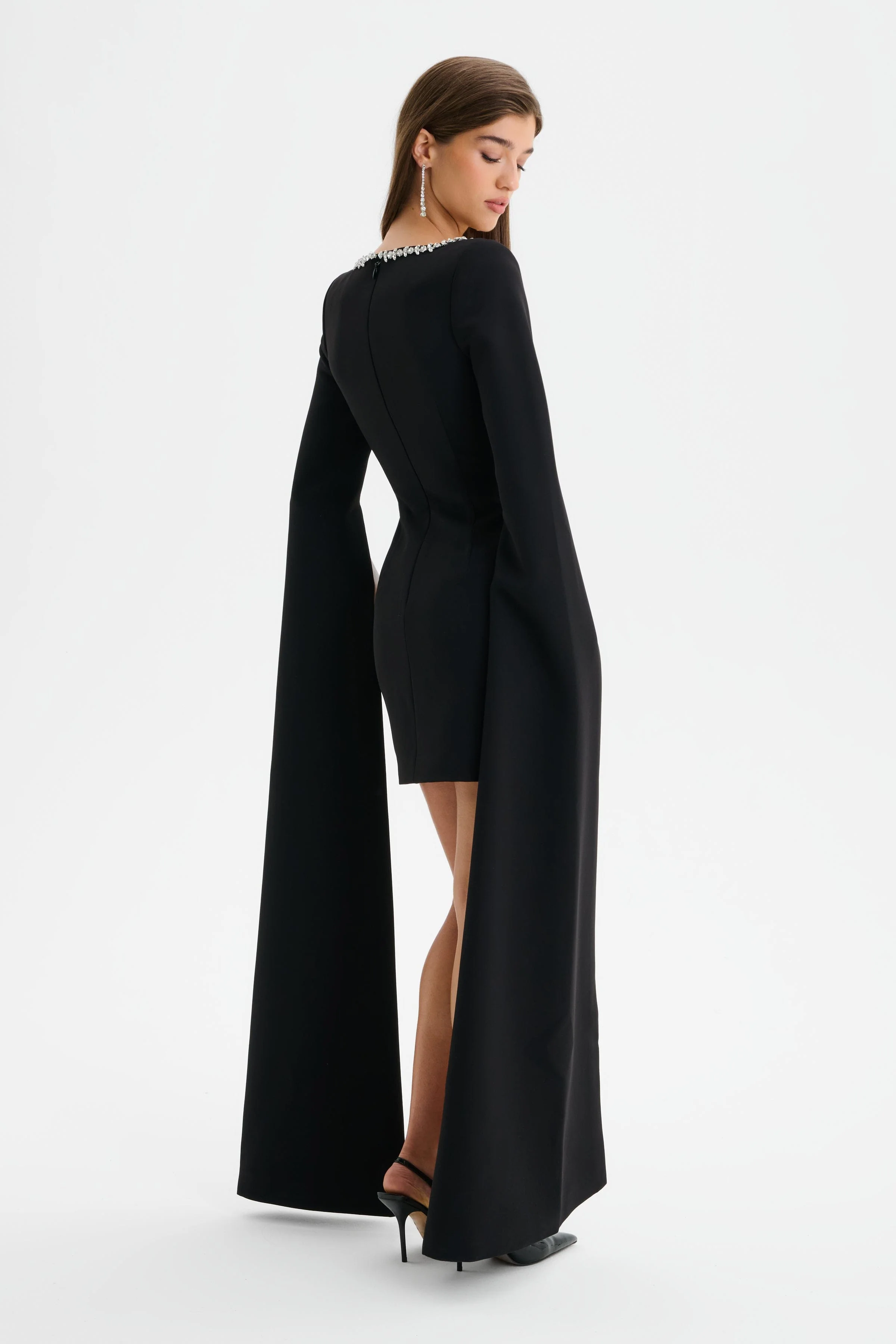 TILLY Square Neck Embellished Cape Sleeve Mini Dress in Black - Image 6