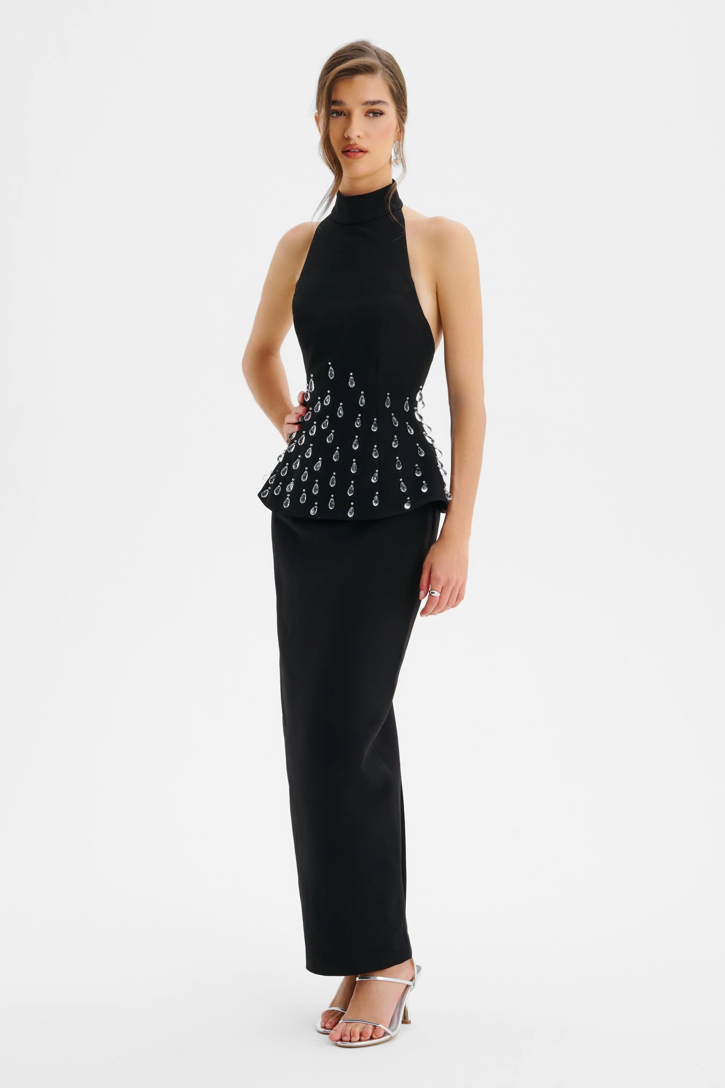 VALENTINA High Neck Crystal Embellished Peplum Maxi Dress In Black - Image 3