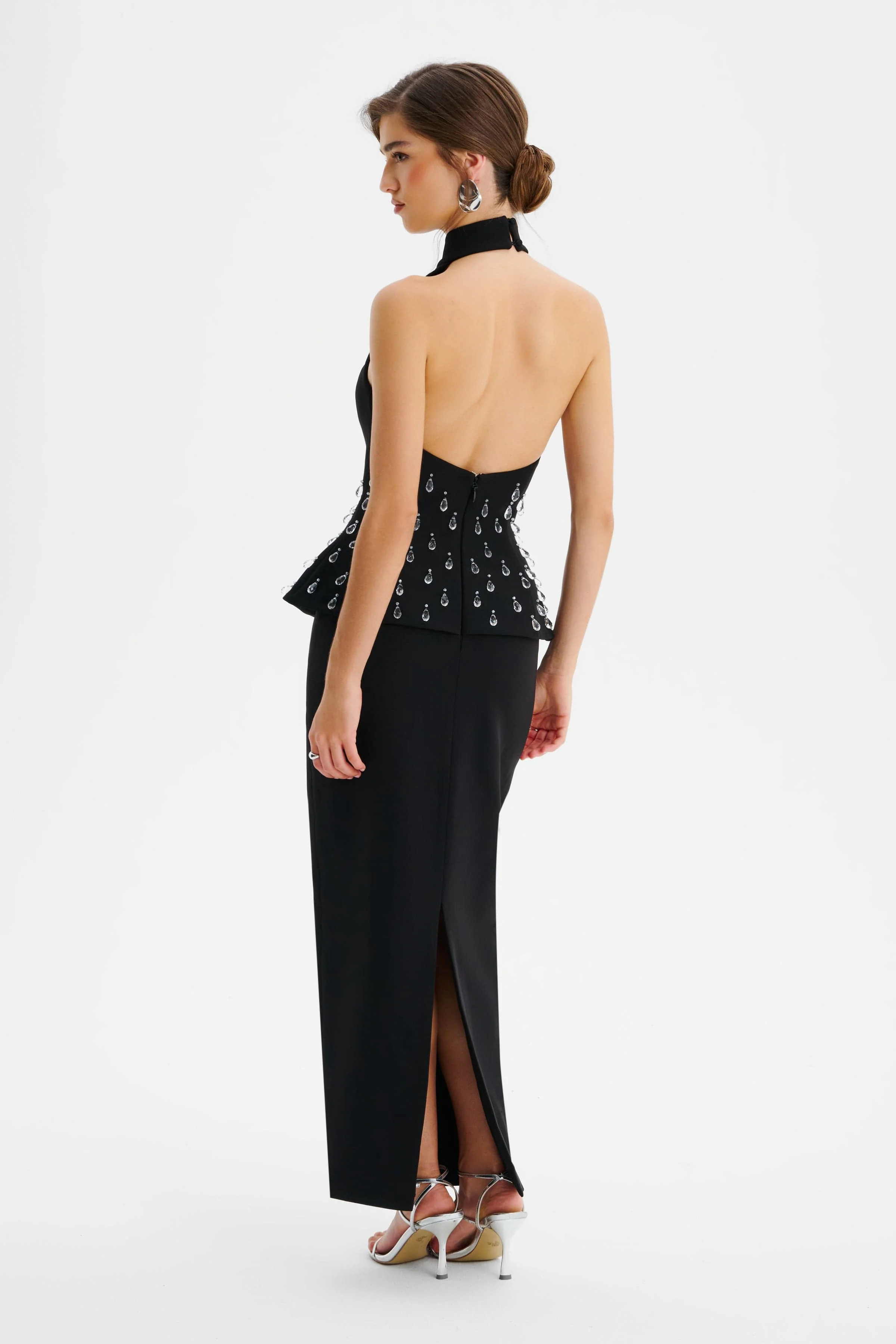 VALENTINA High Neck Crystal Embellished Peplum Maxi Dress In Black - Image 4