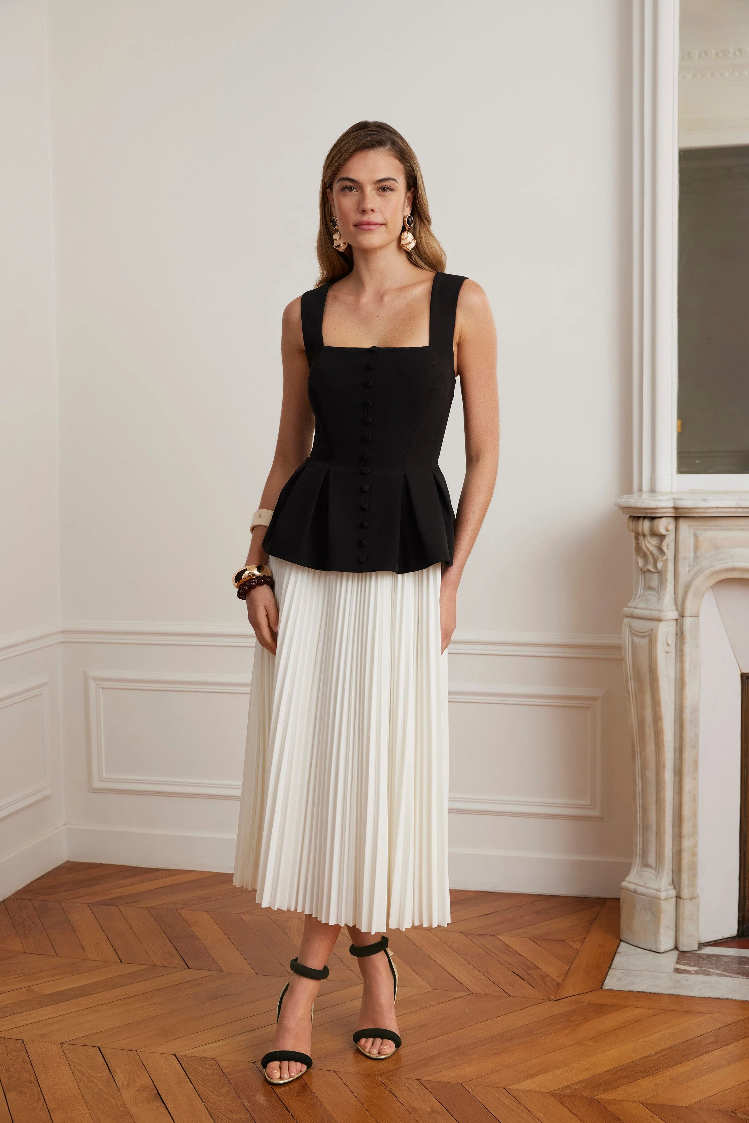 LANA Square Neck Peplum And Pleated Skirt Midi Dress In Black And White