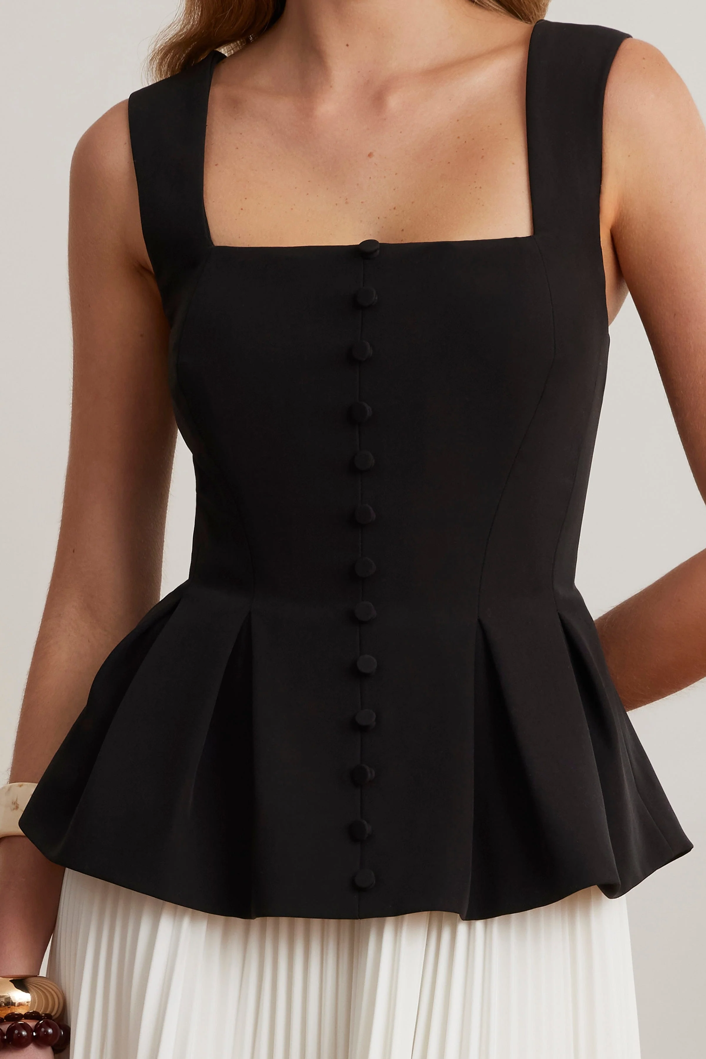 LANA Square Neck Peplum And Pleated Skirt Midi Dress In Black And White - Image 2