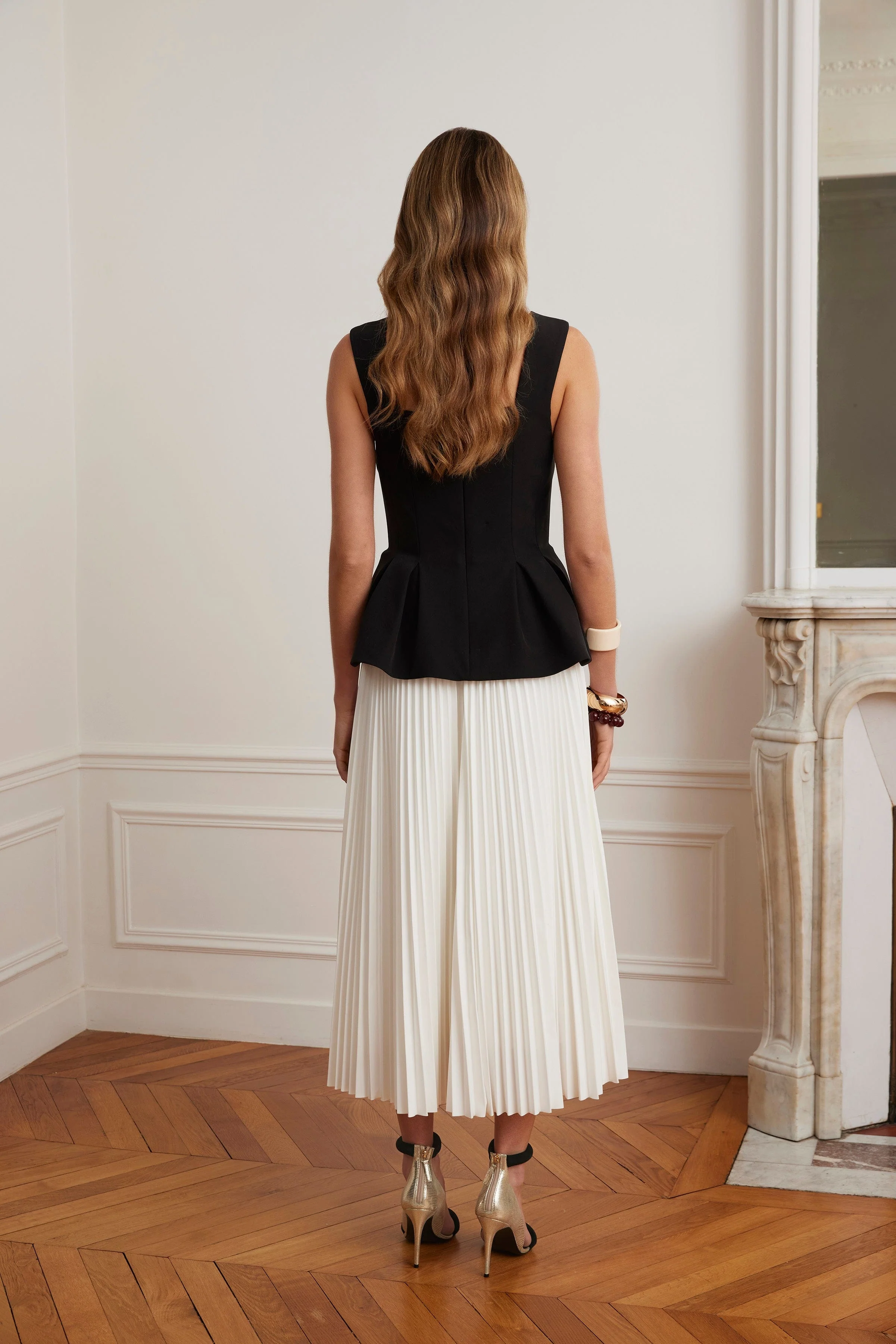 LANA Square Neck Peplum And Pleated Skirt Midi Dress In Black And White - Image 3
