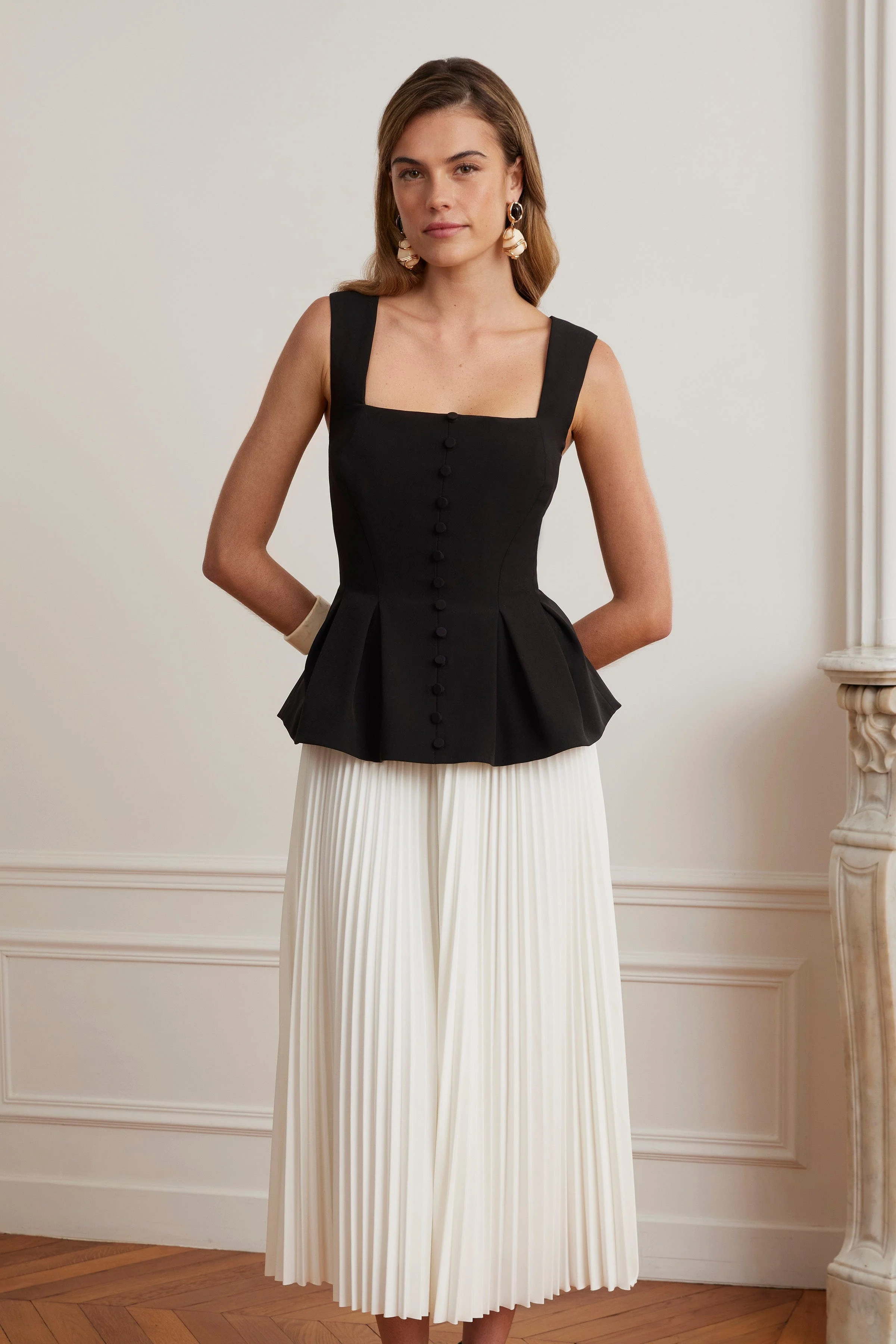 LANA Square Neck Peplum And Pleated Skirt Midi Dress In Black And White - Image 5