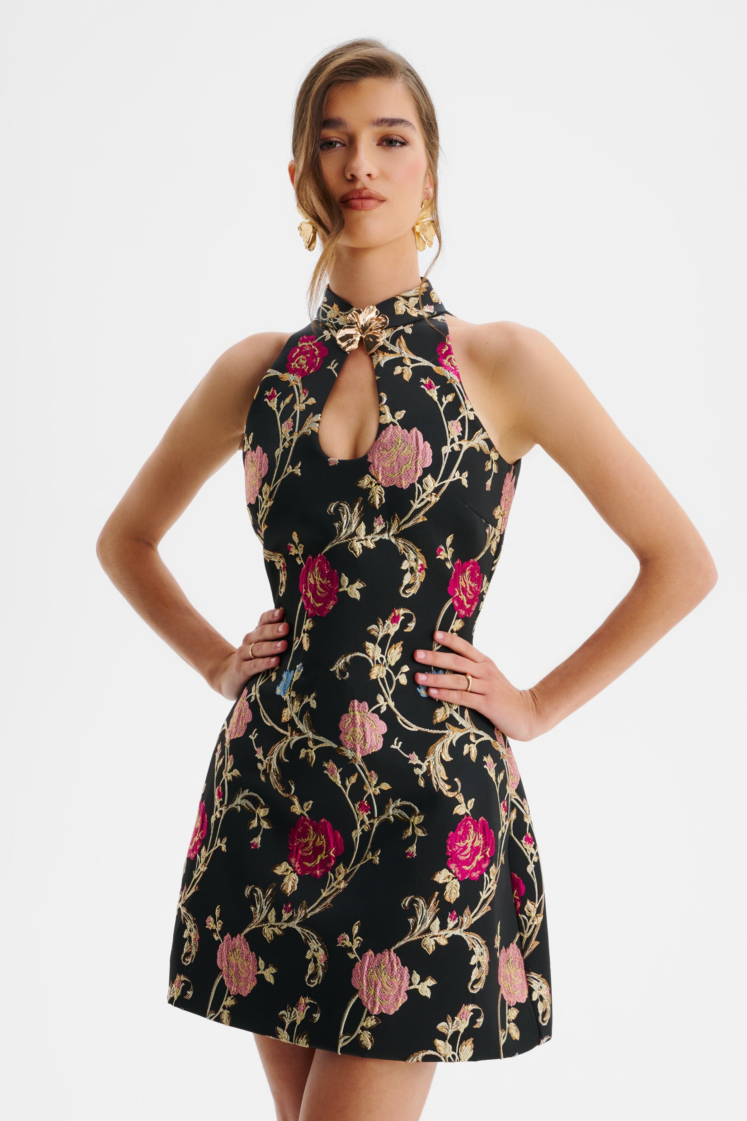 VIOLETTA Metallic Floral Brocade High Neck Mini Dress In Black - Image 3