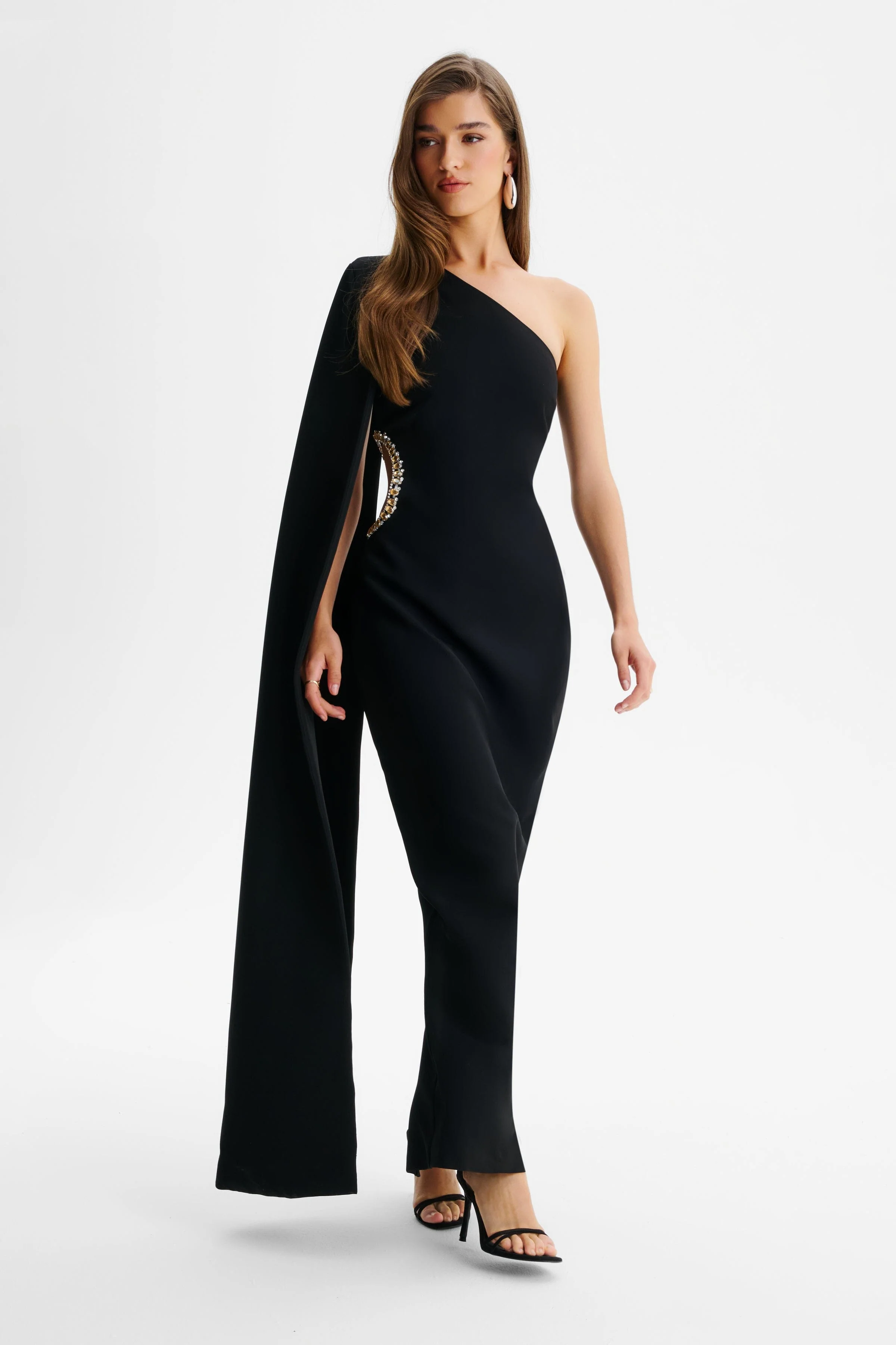VIVIANA Asymmetric Embellished Cut Out Maxi Cape Dress In Black - Image 4