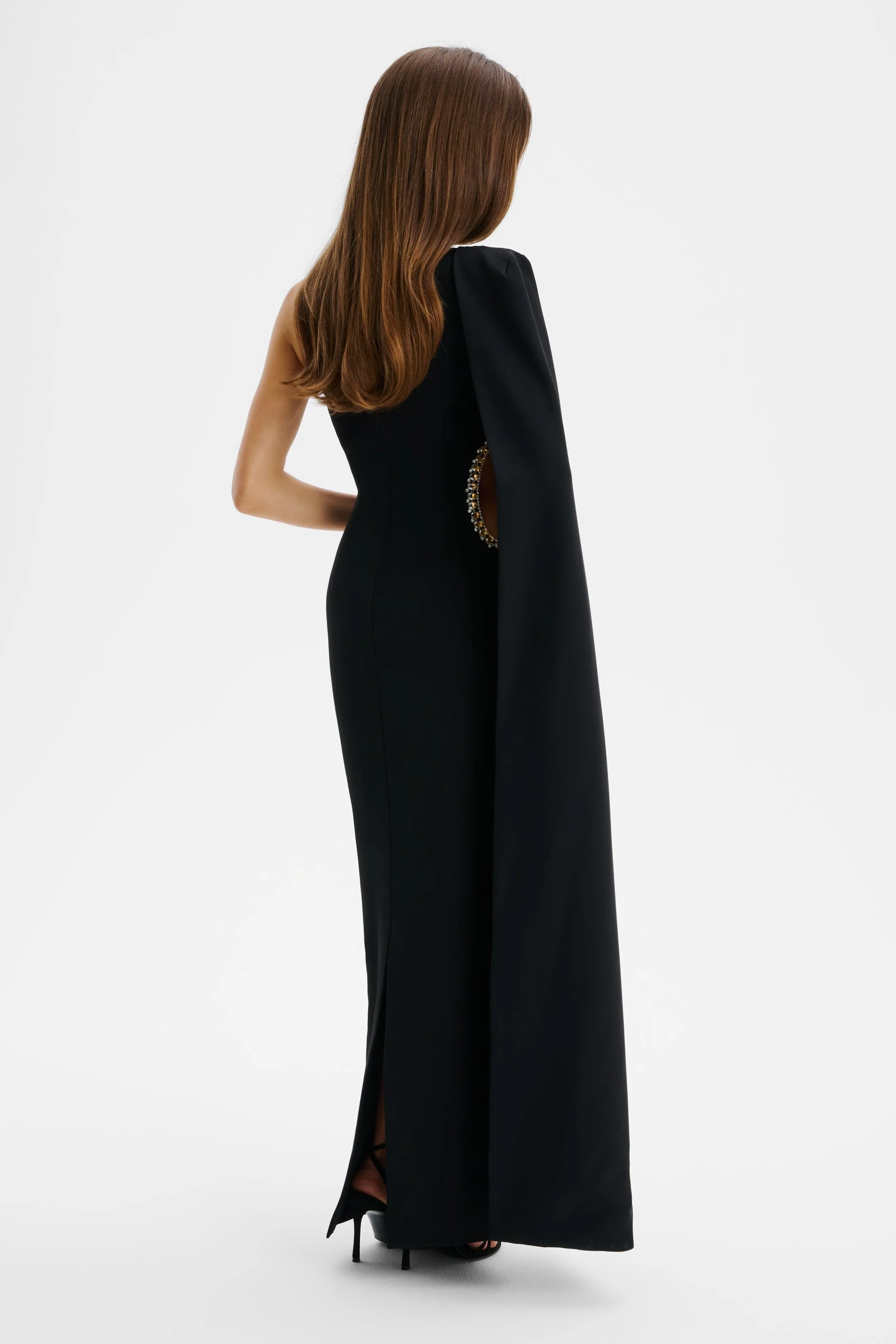 VIVIANA Asymmetric Embellished Cut Out Maxi Cape Dress In Black - Image 6
