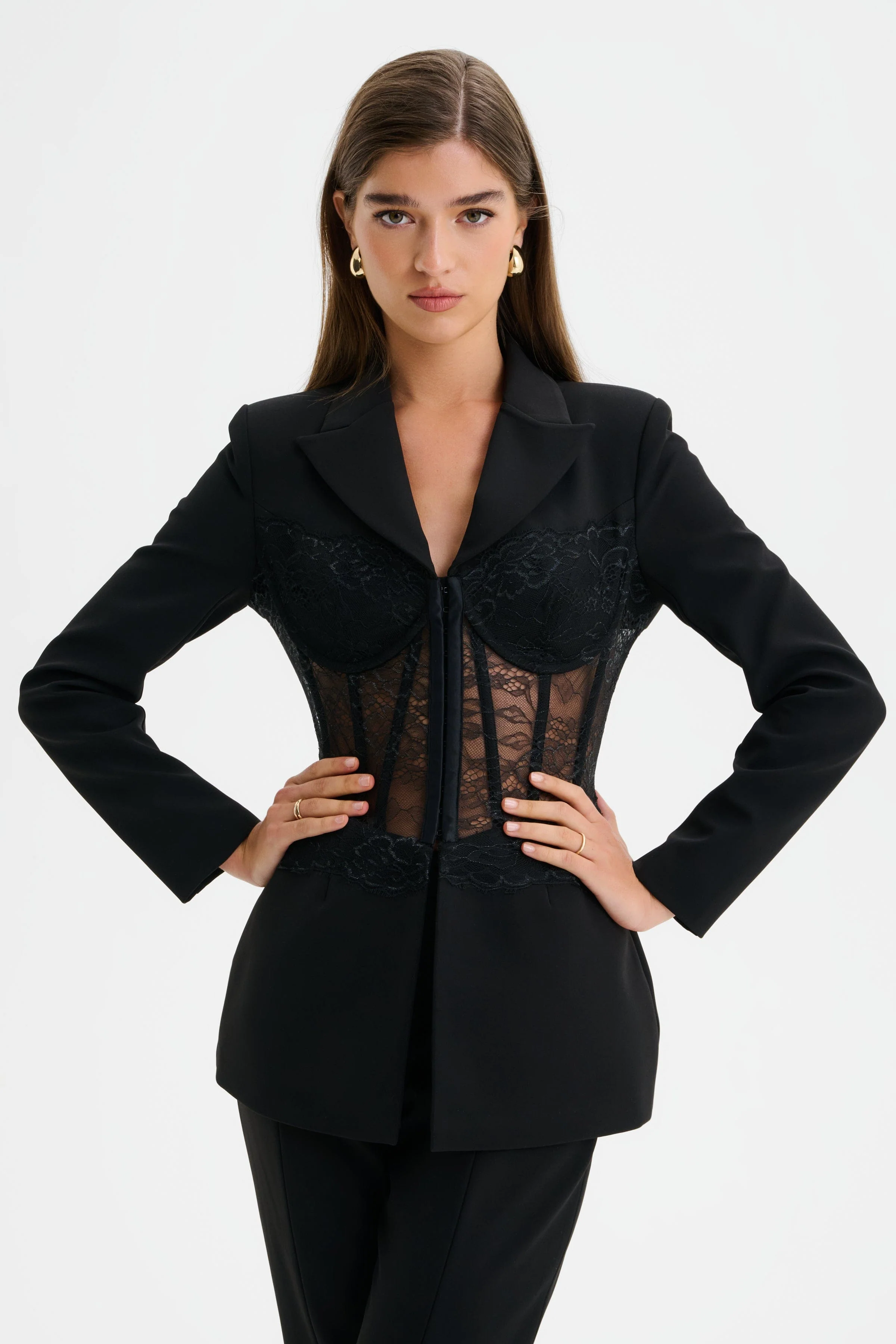 VIVIENNE Lace Corset Structured Blazer in Black - Image 3