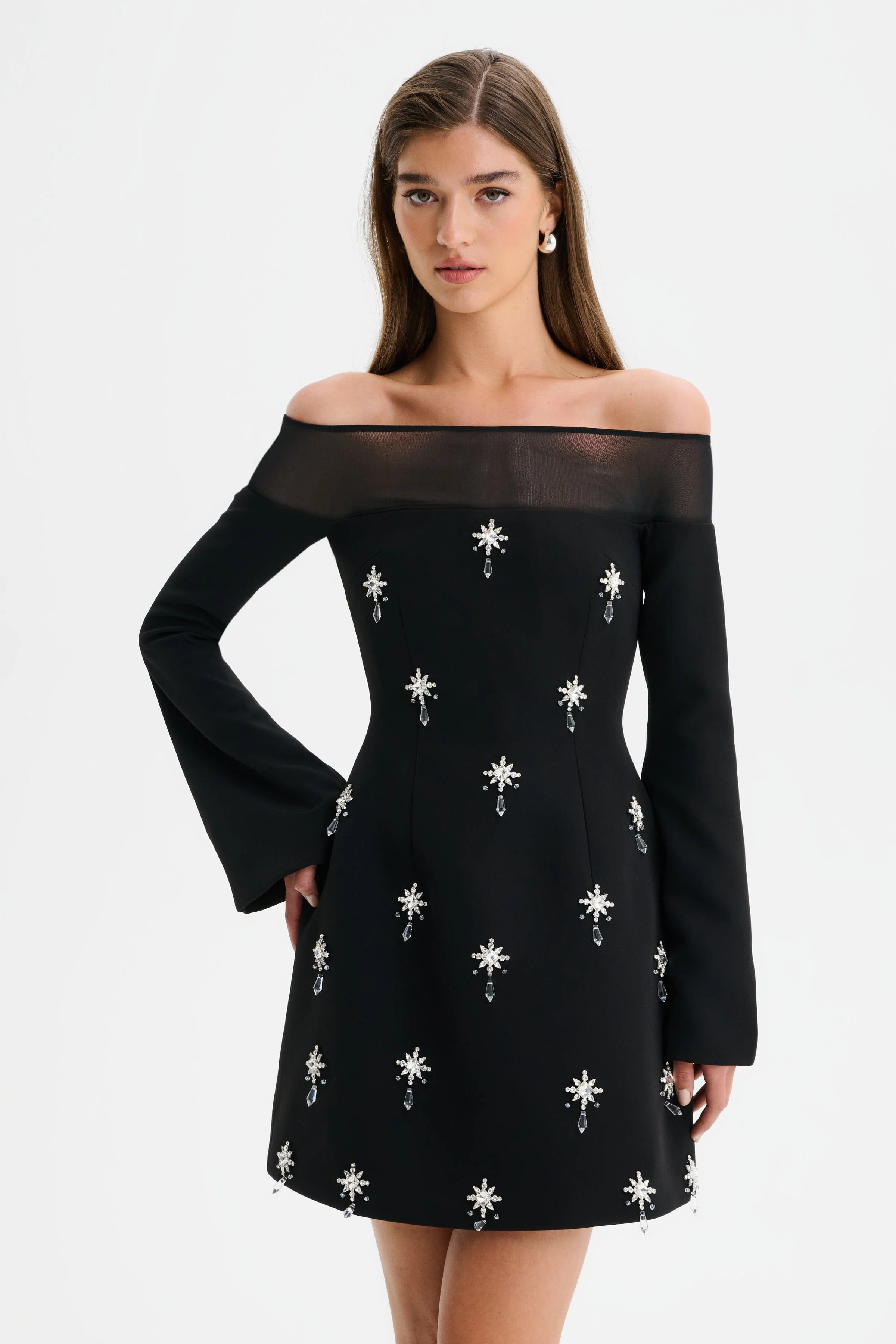 YASMIN Off Shoulder Embellished Tulip Dress with Sheer Detail in Black - Image 2