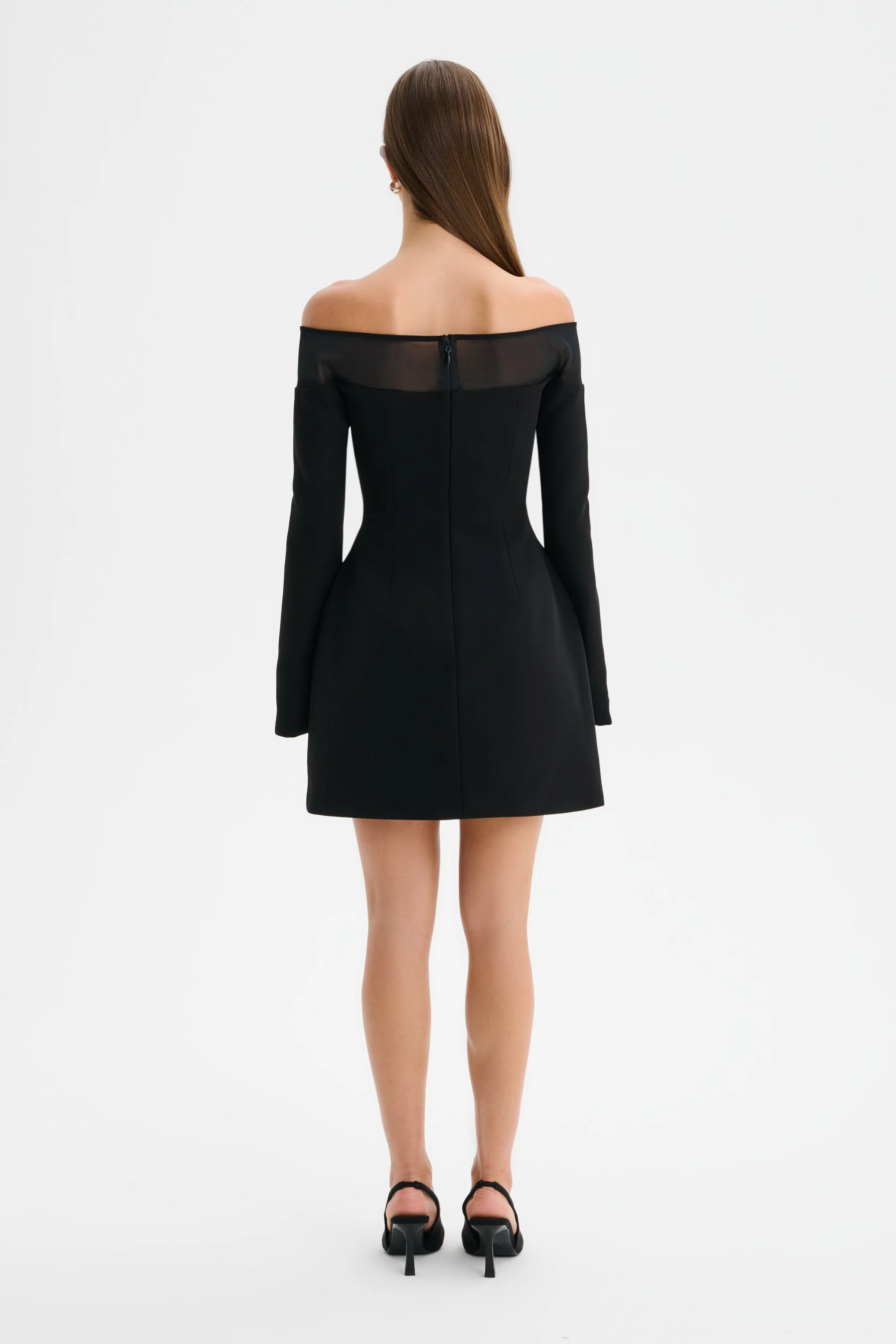 YASMIN Off Shoulder Embellished Tulip Dress with Sheer Detail in Black - Image 5