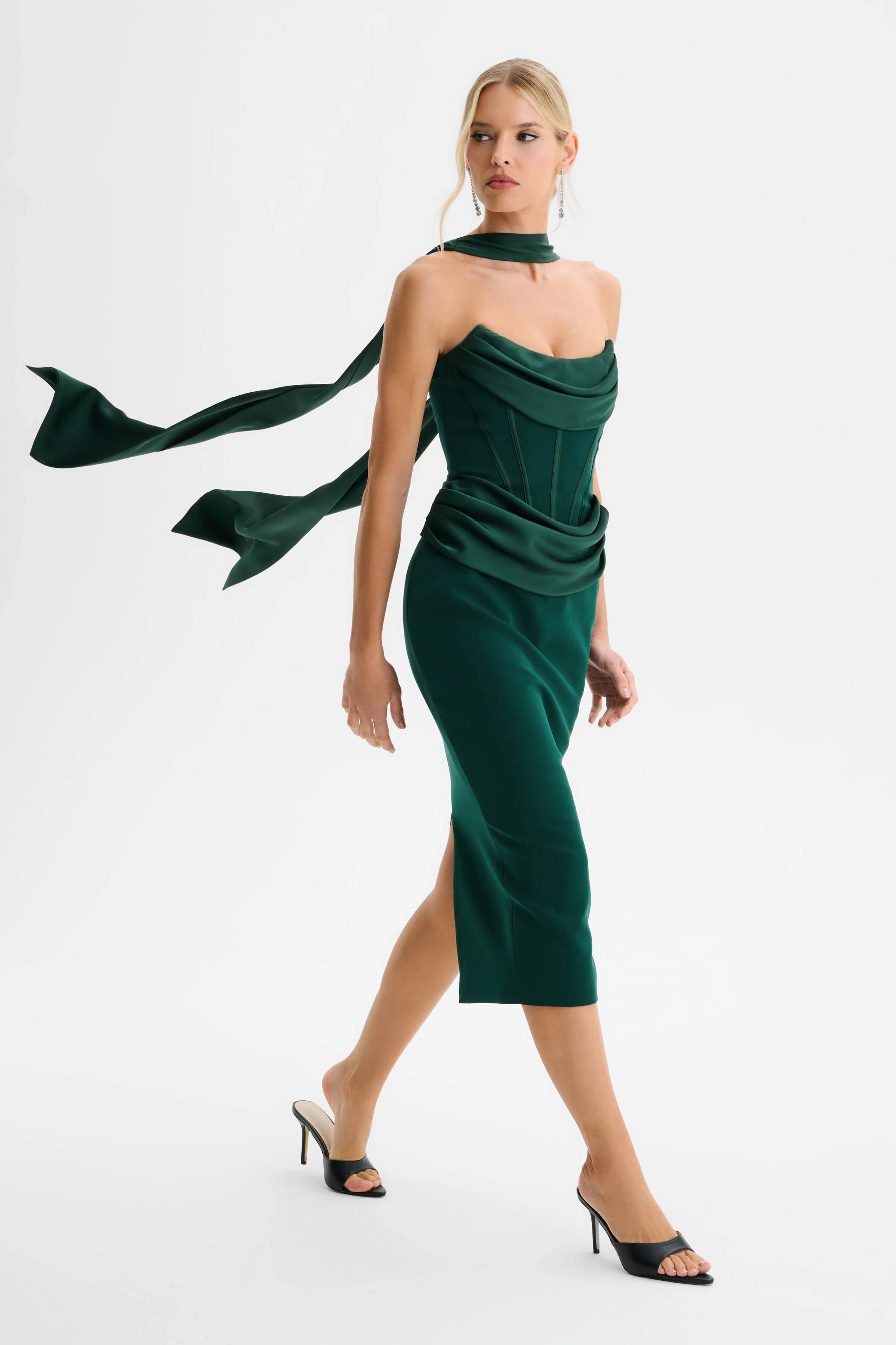 ZENDEYA Satin Draped Corset Midi Dress with Neck Scarf in Emerald Green - Image 3