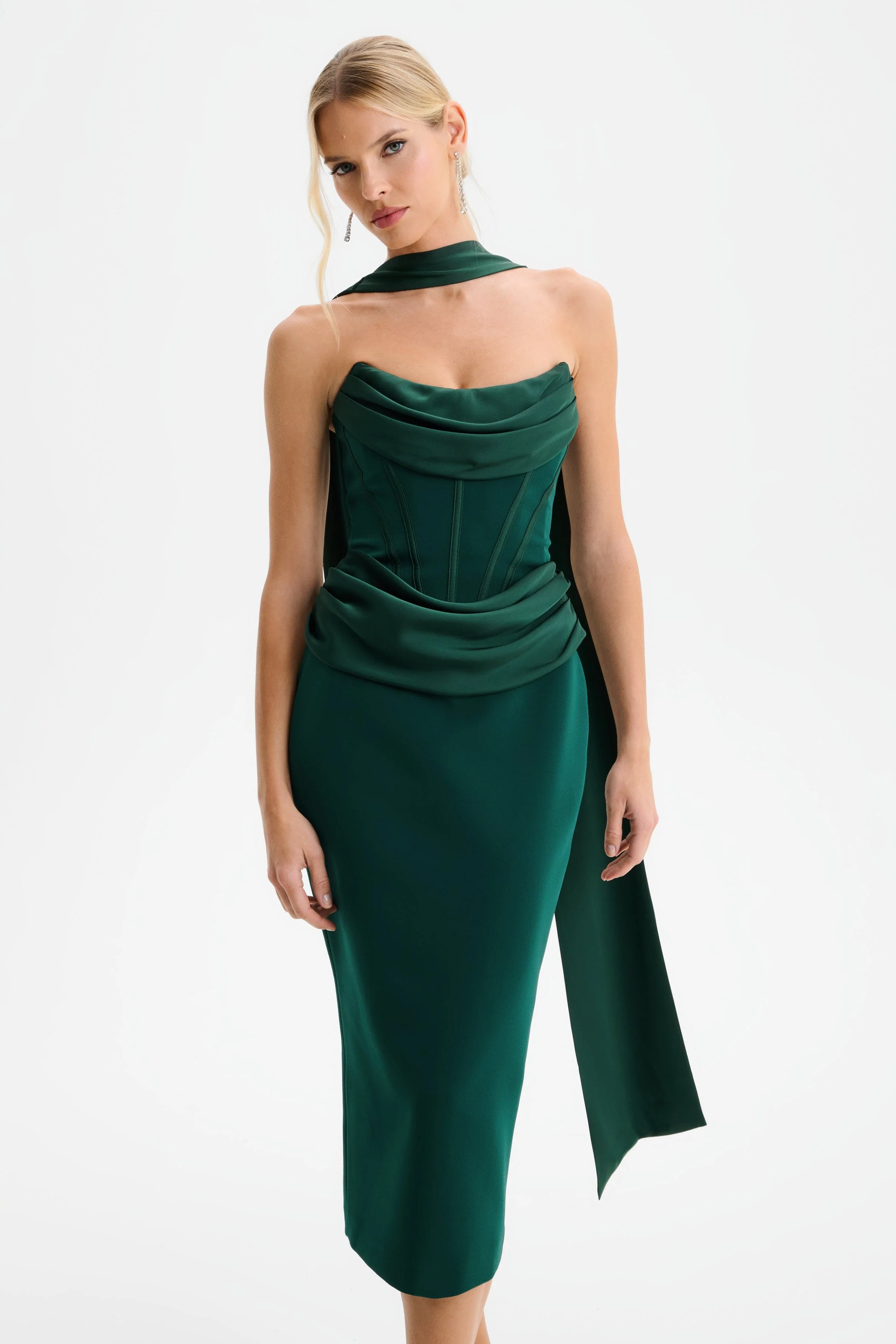 ZENDEYA Satin Draped Corset Midi Dress with Neck Scarf in Emerald Green - Image 4