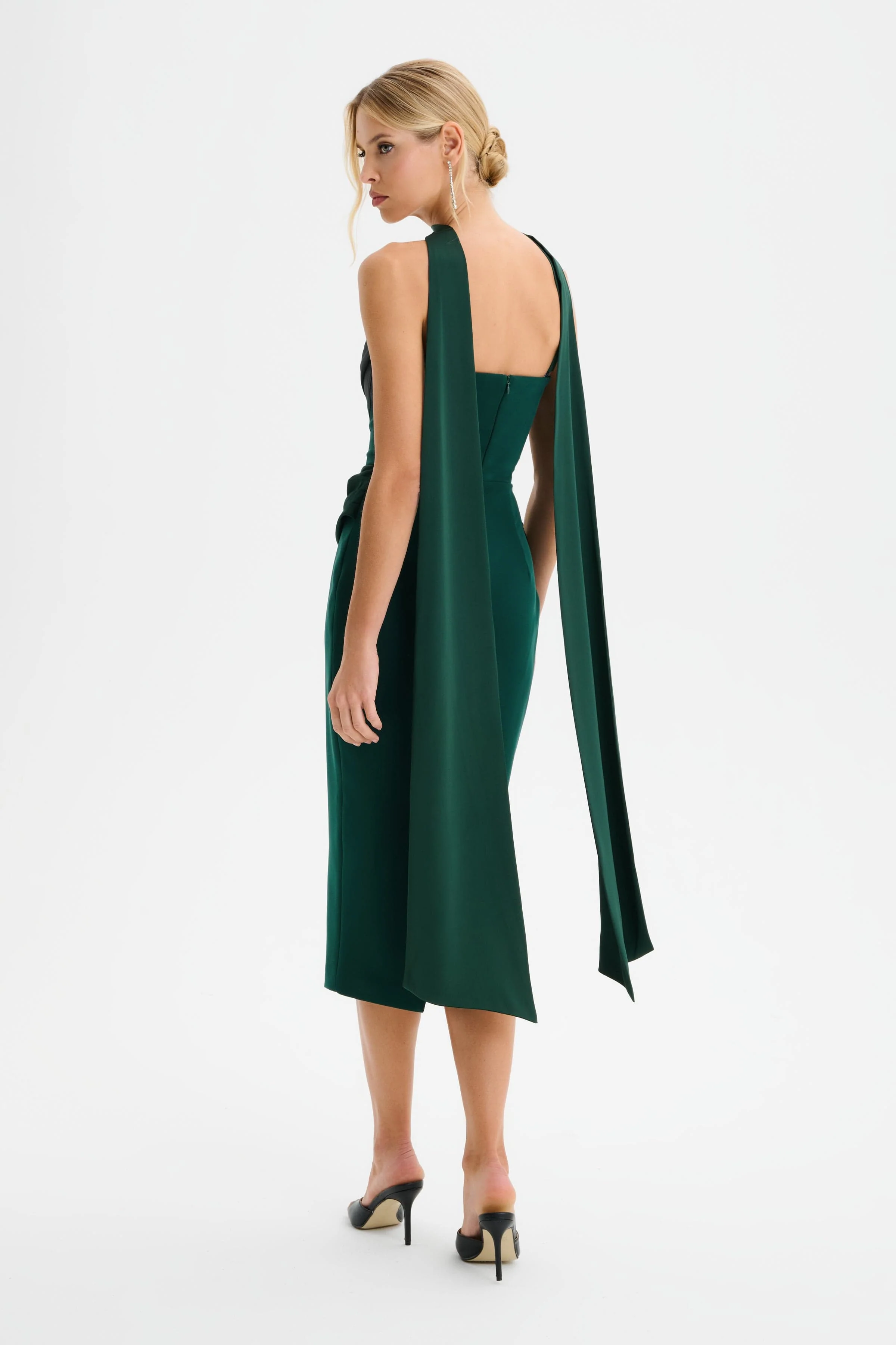 ZENDEYA Satin Draped Corset Midi Dress with Neck Scarf in Emerald Green - Image 5