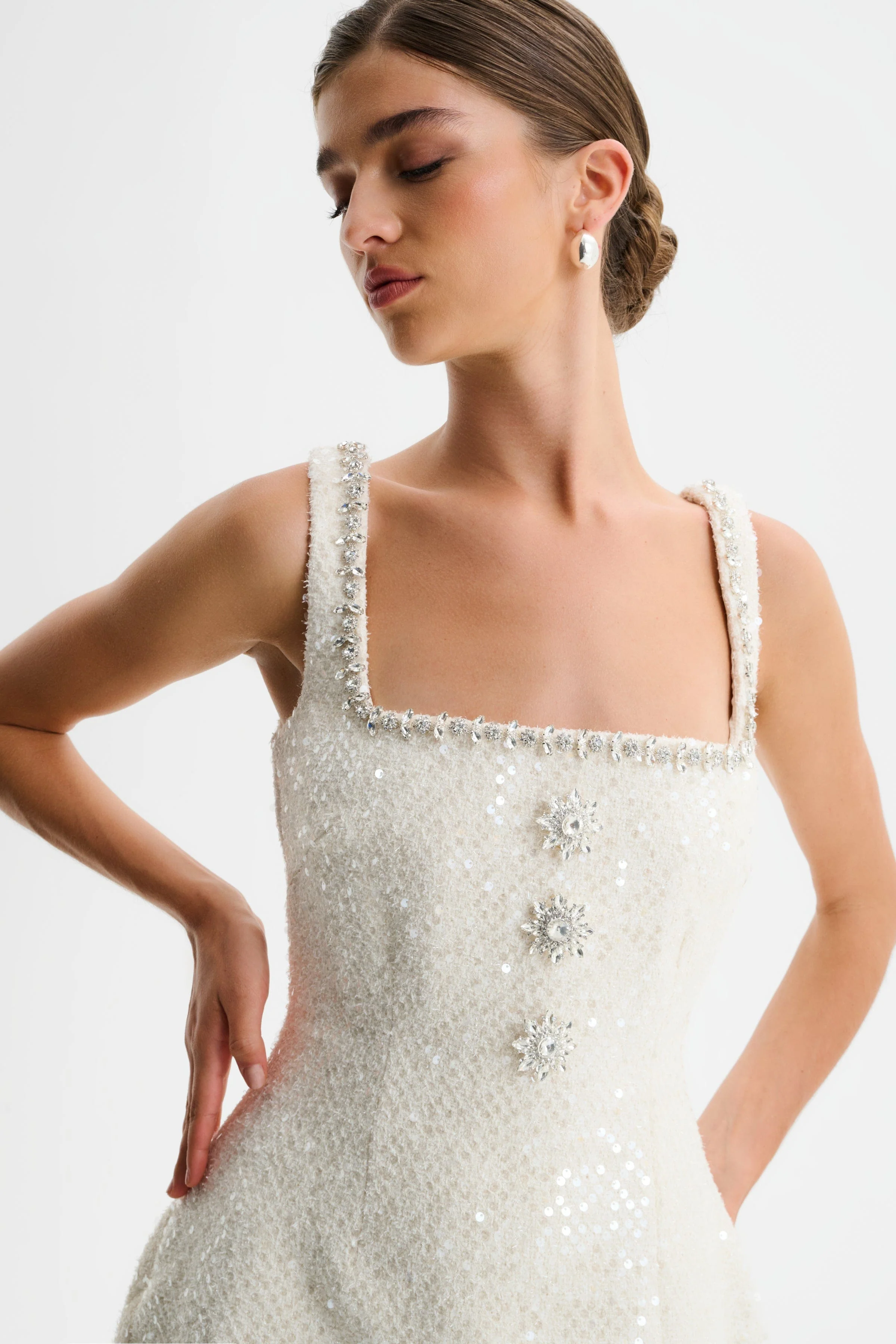 ZOEY Embellished Boucle Tulip Mini Dress in Beige - Image 4