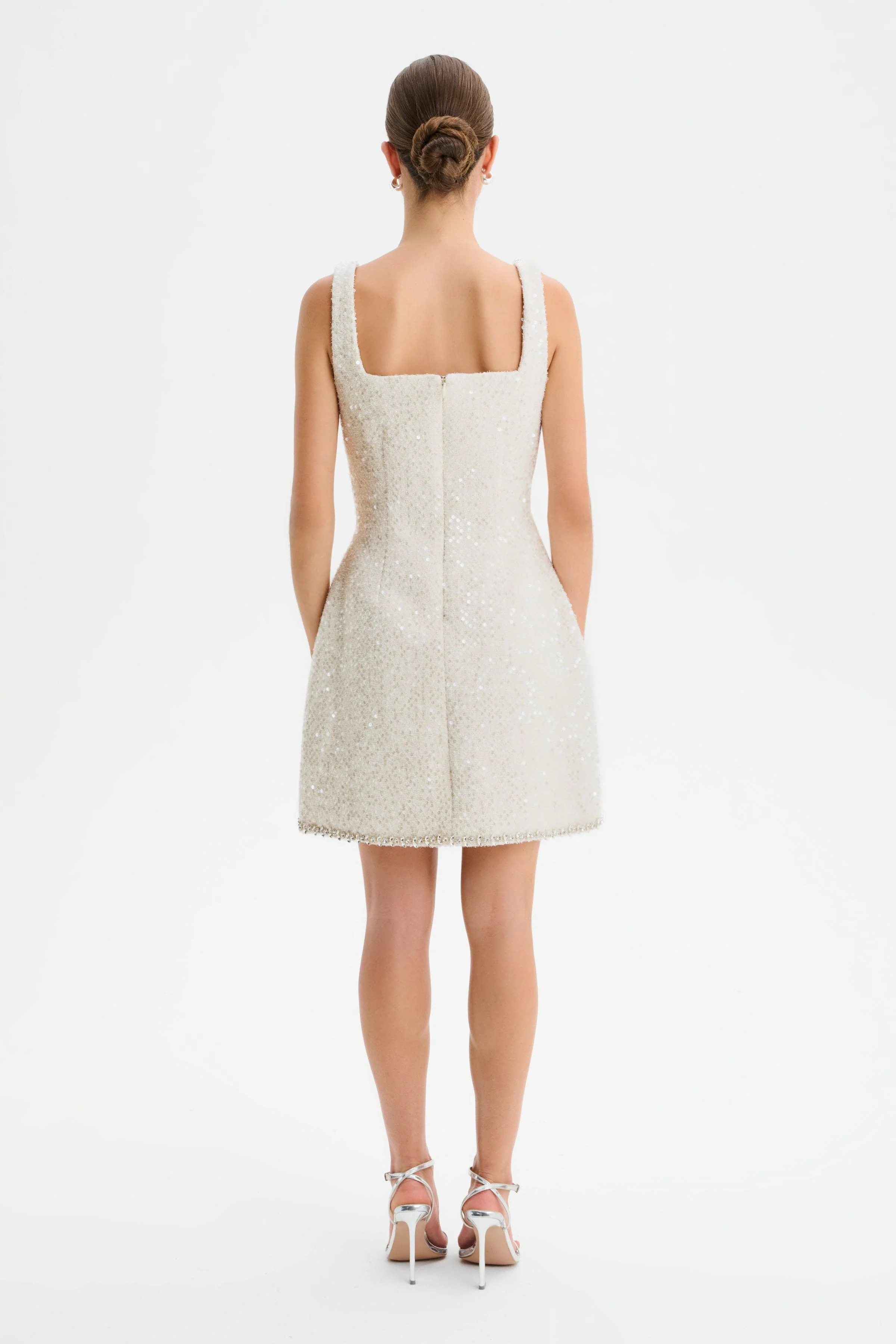 ZOEY Embellished Boucle Tulip Mini Dress in Beige - Image 5